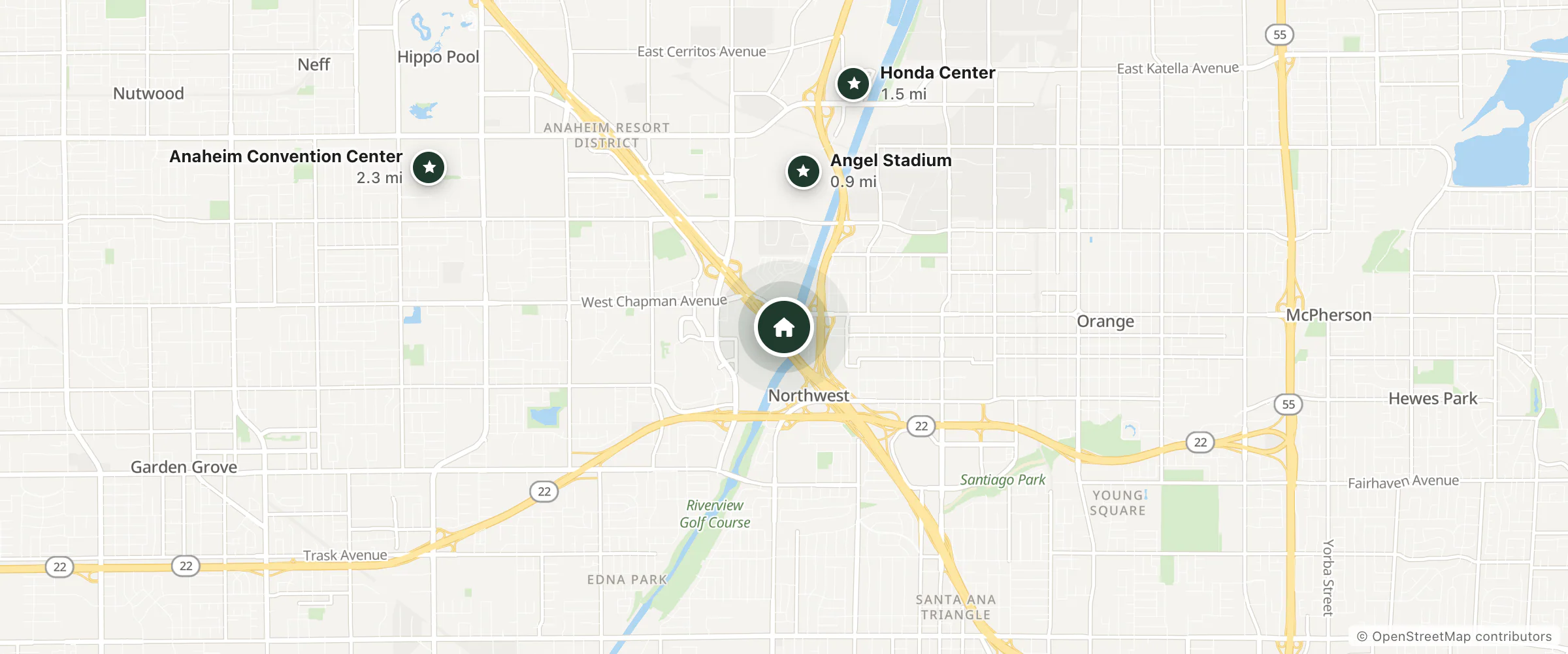 Map of Motel 6 and nearby Angel Stadium, Honda Center and Anaheim Convention Center