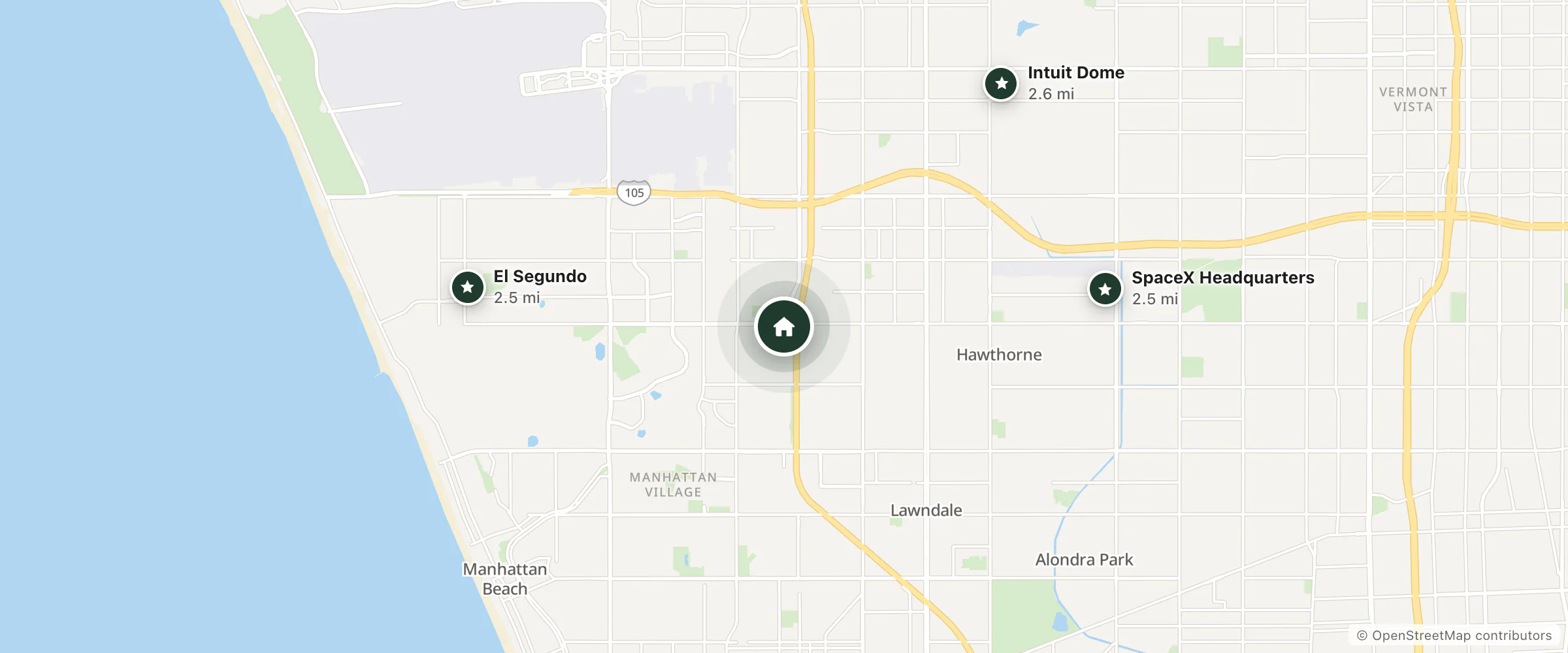 Map of Ramada Plaza Hawthorne/LAX and nearby El Segundo, SpaceX Headquarters and Intuit Dome