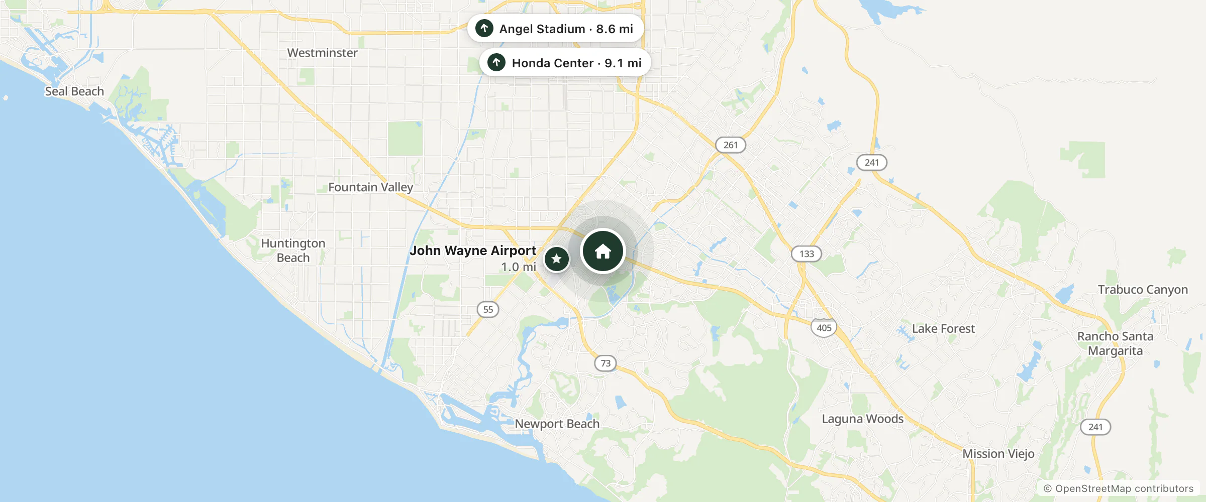 Map of Irvine Marriott and nearby John Wayne Airport, Angel Stadium and Honda Center