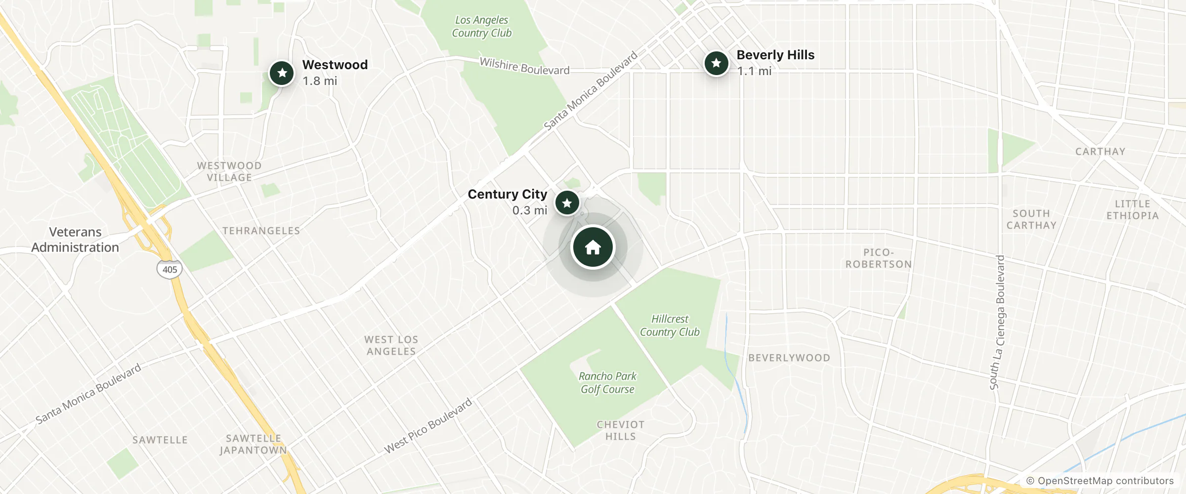 Map of Mari Los Angeles and nearby Century City, Beverly Hills and Westwood
