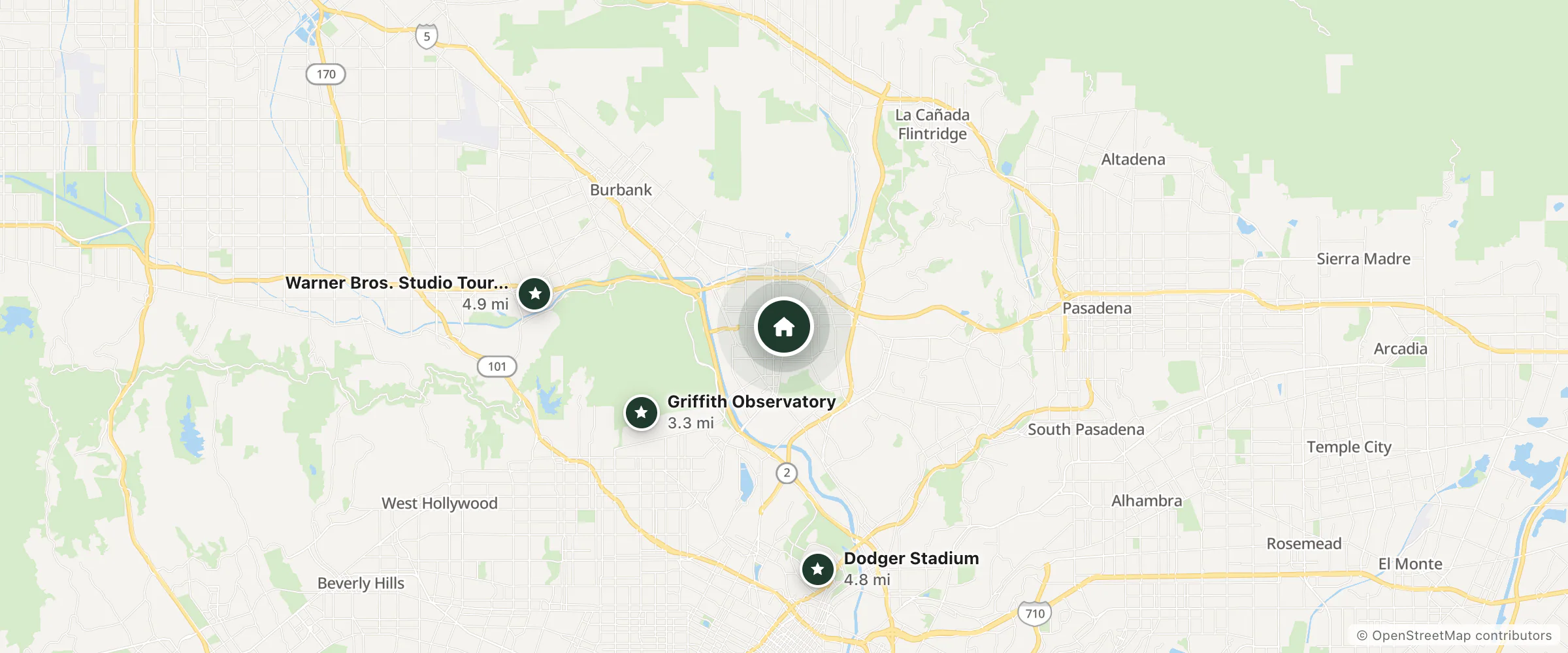 Map of Hotel Xilo Glendale and nearby Griffith Observatory, Dodger Stadium and Warner Bros. Studio Tour Hollywood