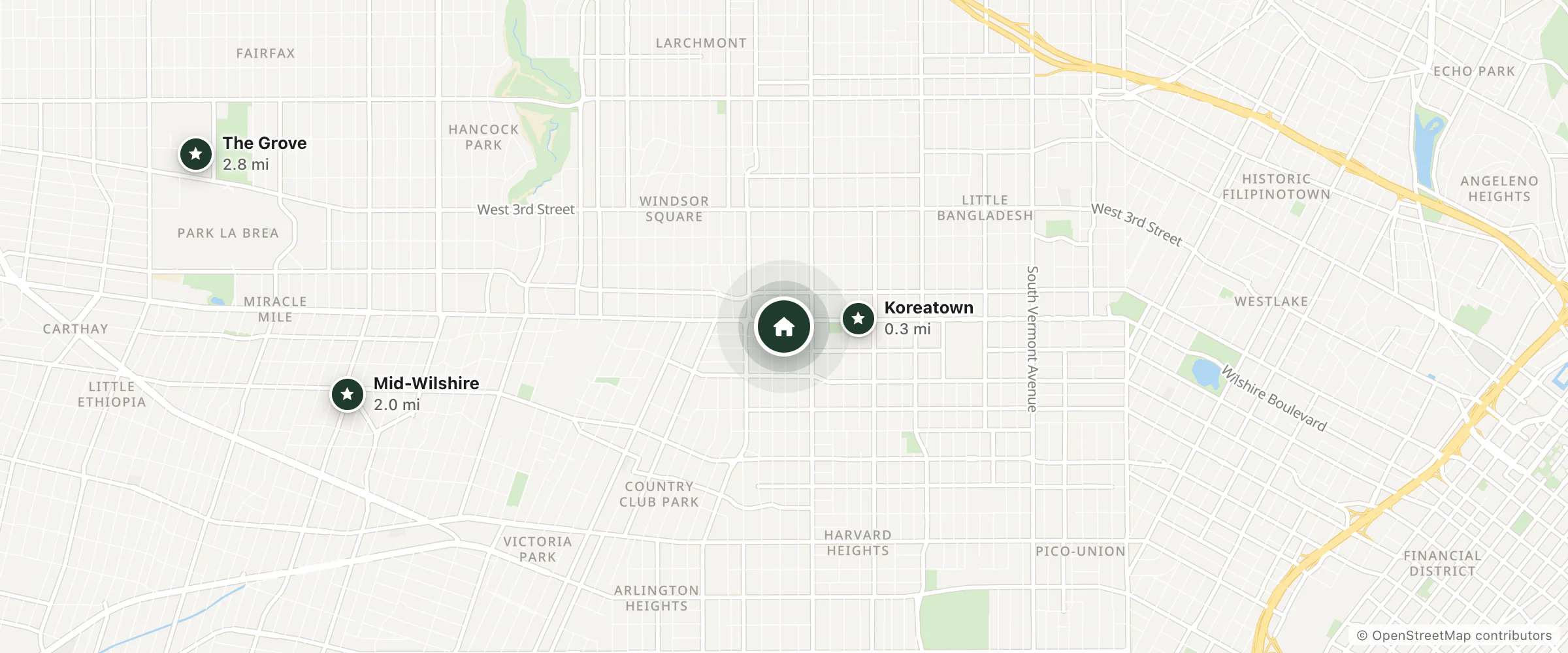 Map of Ramada by Wyndham Los Angeles Koreatown West and nearby Koreatown, Mid-Wilshire and The Grove