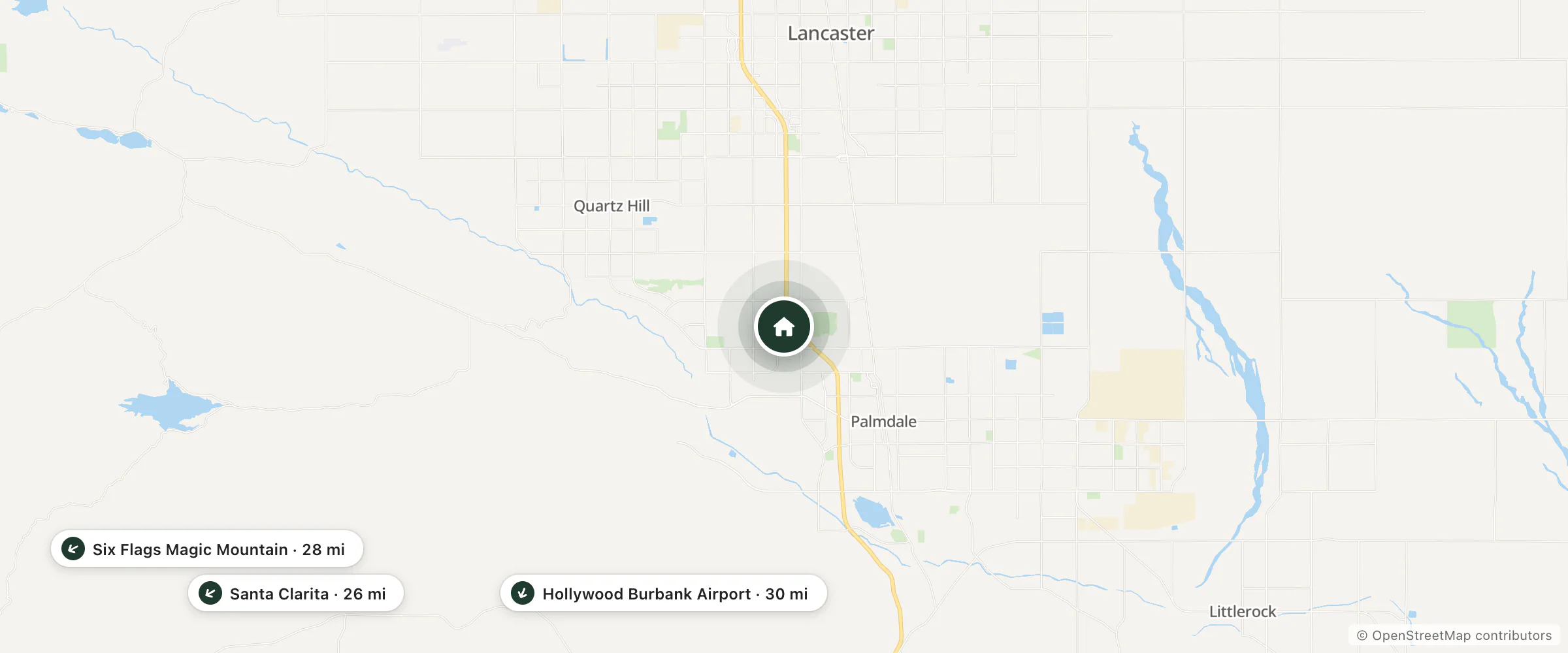 Map of Hilton Garden Inn Palmdale and nearby Santa Clarita, Six Flags Magic Mountain and Hollywood Burbank Airport