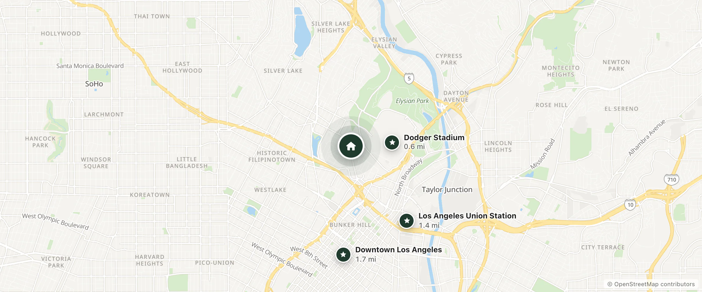 Map of Super 8 and nearby Dodger Stadium, Los Angeles Union Station and Downtown Los Angeles