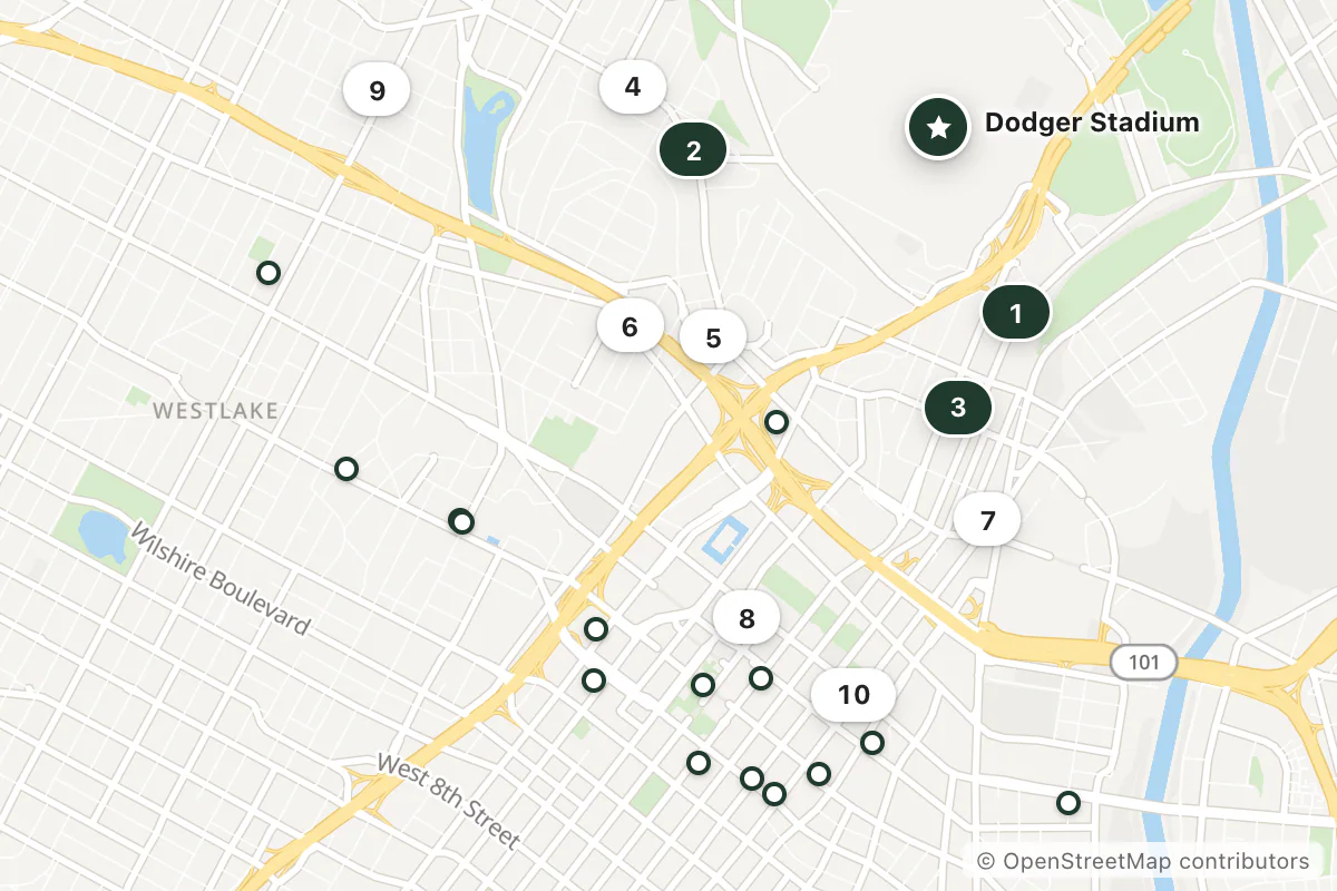 Map of the top 25 hotels for this question around Dodger Stadium