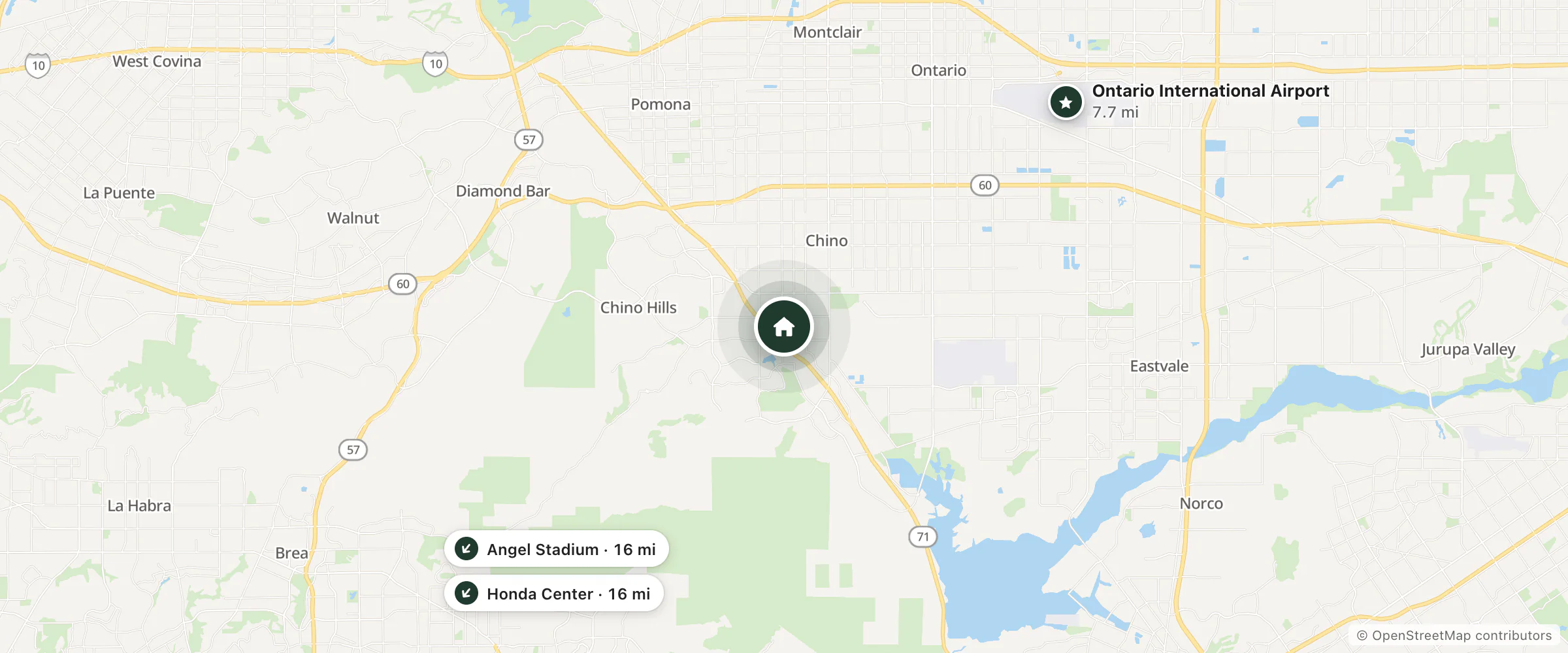 Map of Fairfield and nearby Ontario International Airport, Honda Center and Angel Stadium