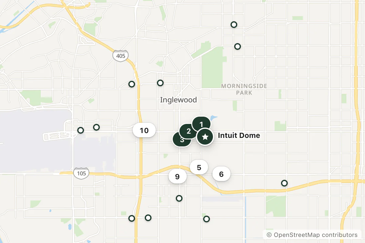 Map of the top 21 hotels for this question around Intuit Dome