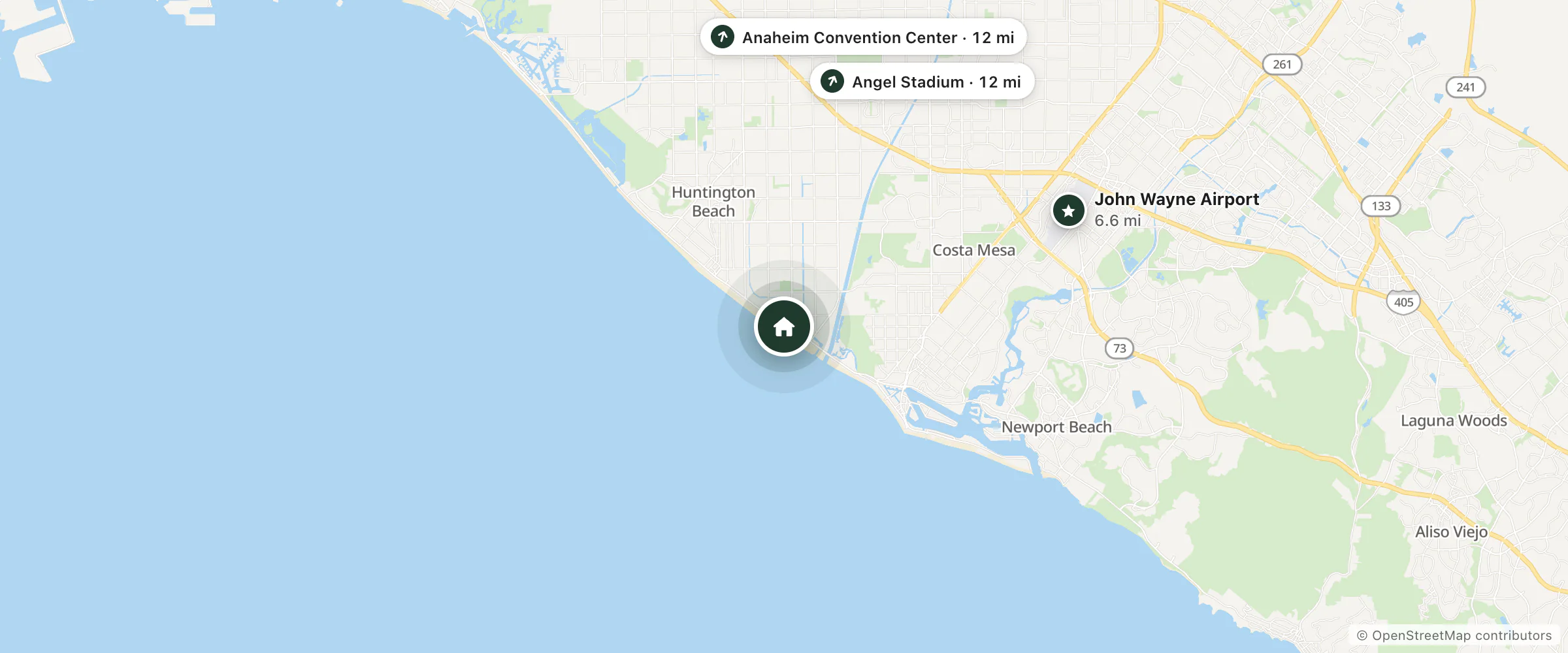 Map of Huntington Beach Hilton and nearby John Wayne Airport, Anaheim Convention Center and Angel Stadium