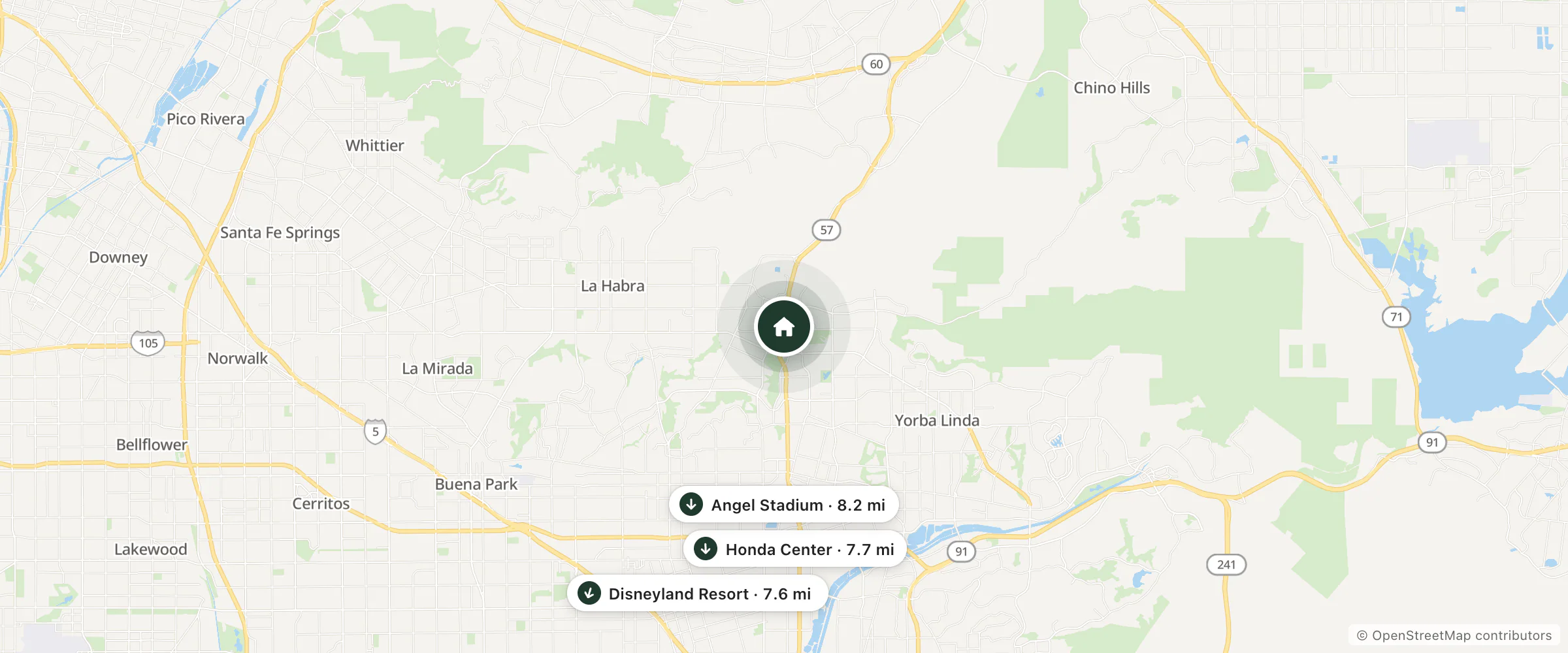 Map of Residence Inn and nearby Disneyland Resort, Honda Center and Angel Stadium