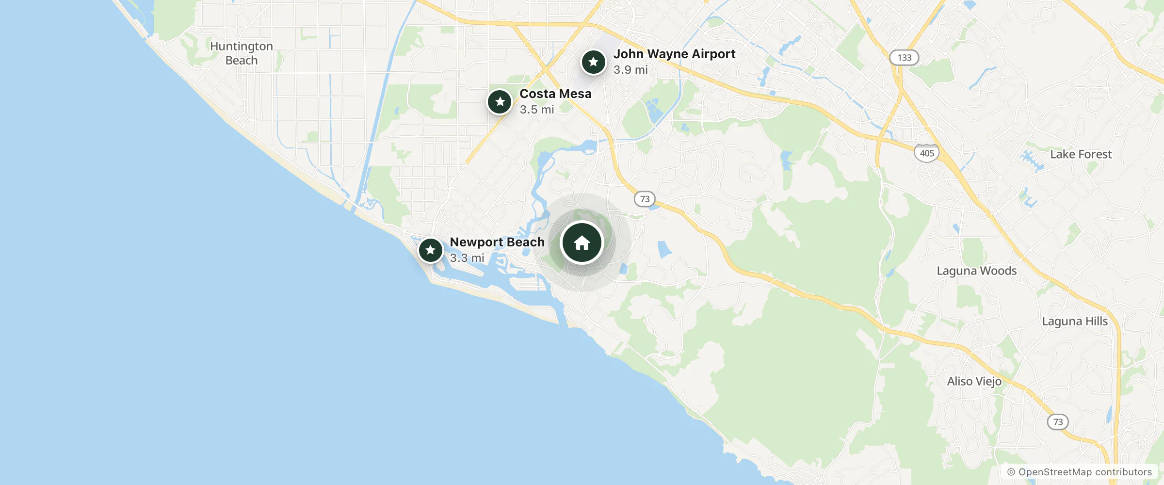 Map of Tarsadia Hotels and nearby Newport Beach, Costa Mesa and John Wayne Airport