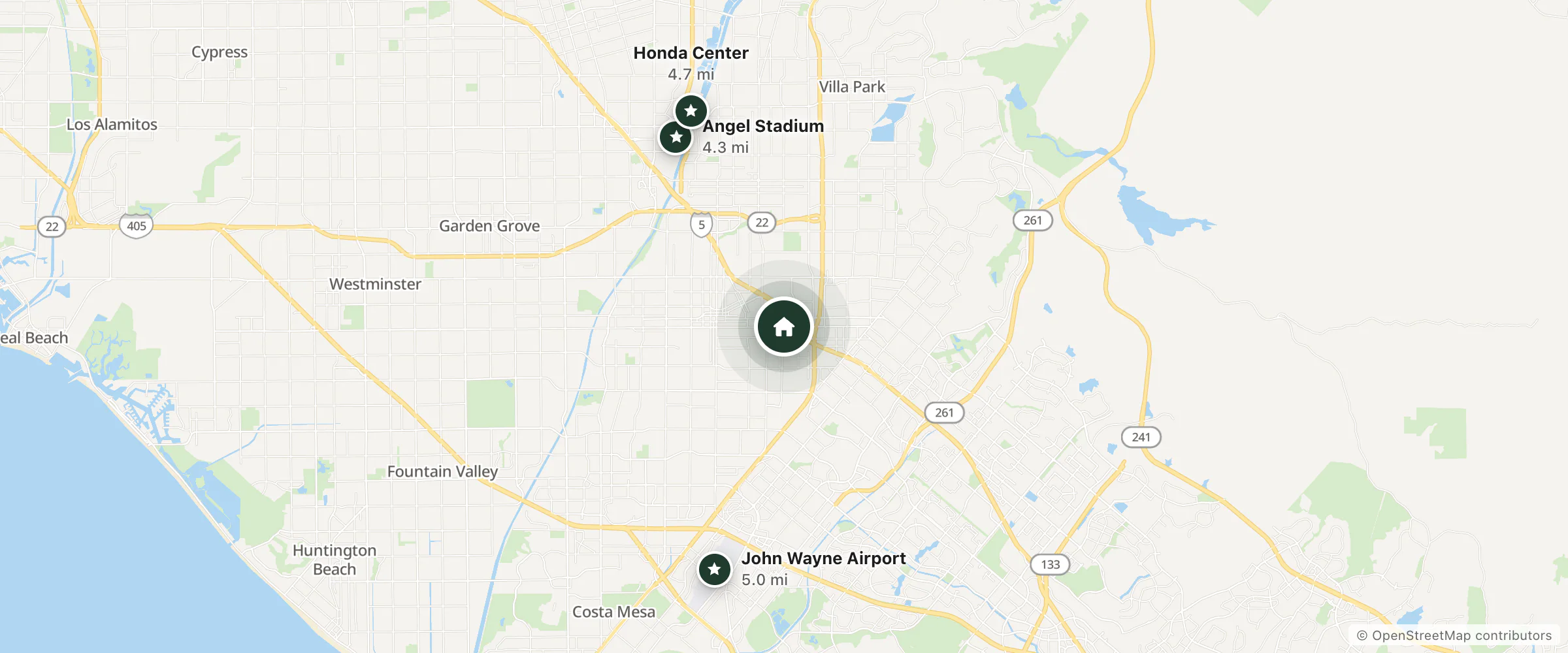 Map of Saddleback Lodge and nearby Angel Stadium, Honda Center and John Wayne Airport