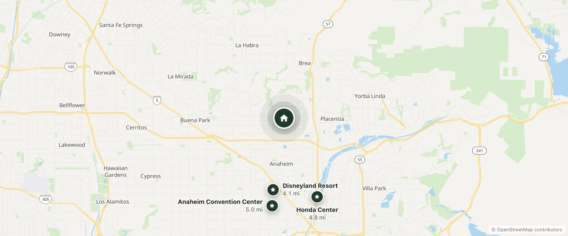 Map of The Mouse House and nearby Disneyland Resort, Honda Center and Anaheim Convention Center