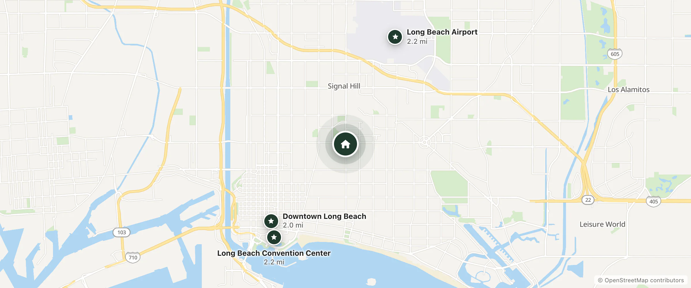 Map of Monterey Motel and nearby Downtown Long Beach, Long Beach Convention Center and Long Beach Airport
