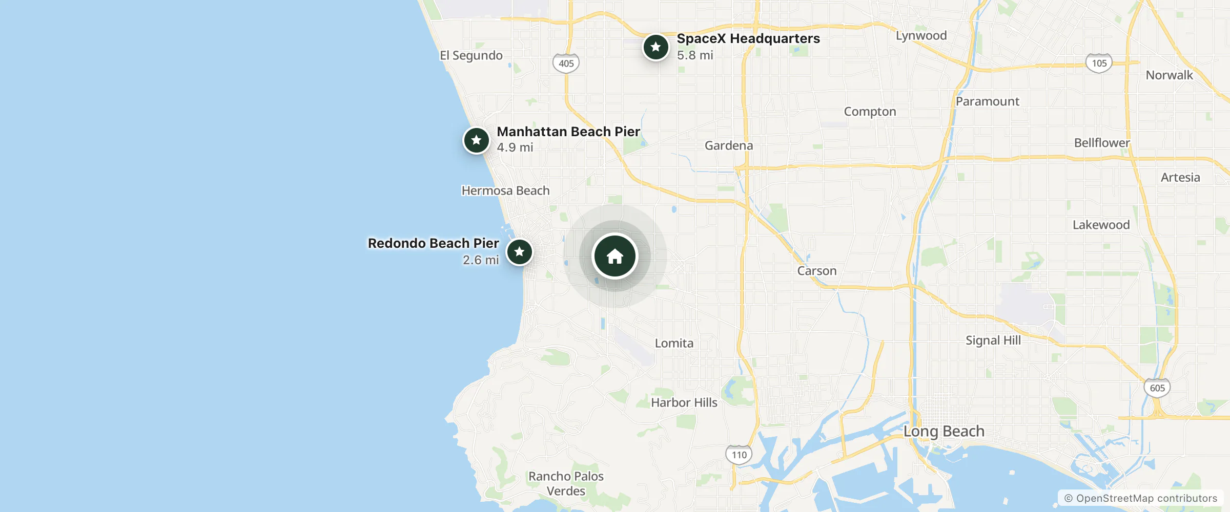 Map of Extended Stay America and nearby Redondo Beach Pier, Manhattan Beach Pier and SpaceX Headquarters