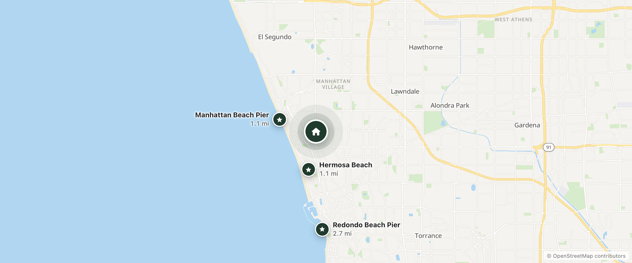 Map of Hi View Inn & Suites and nearby Manhattan Beach Pier, Hermosa Beach and Redondo Beach Pier