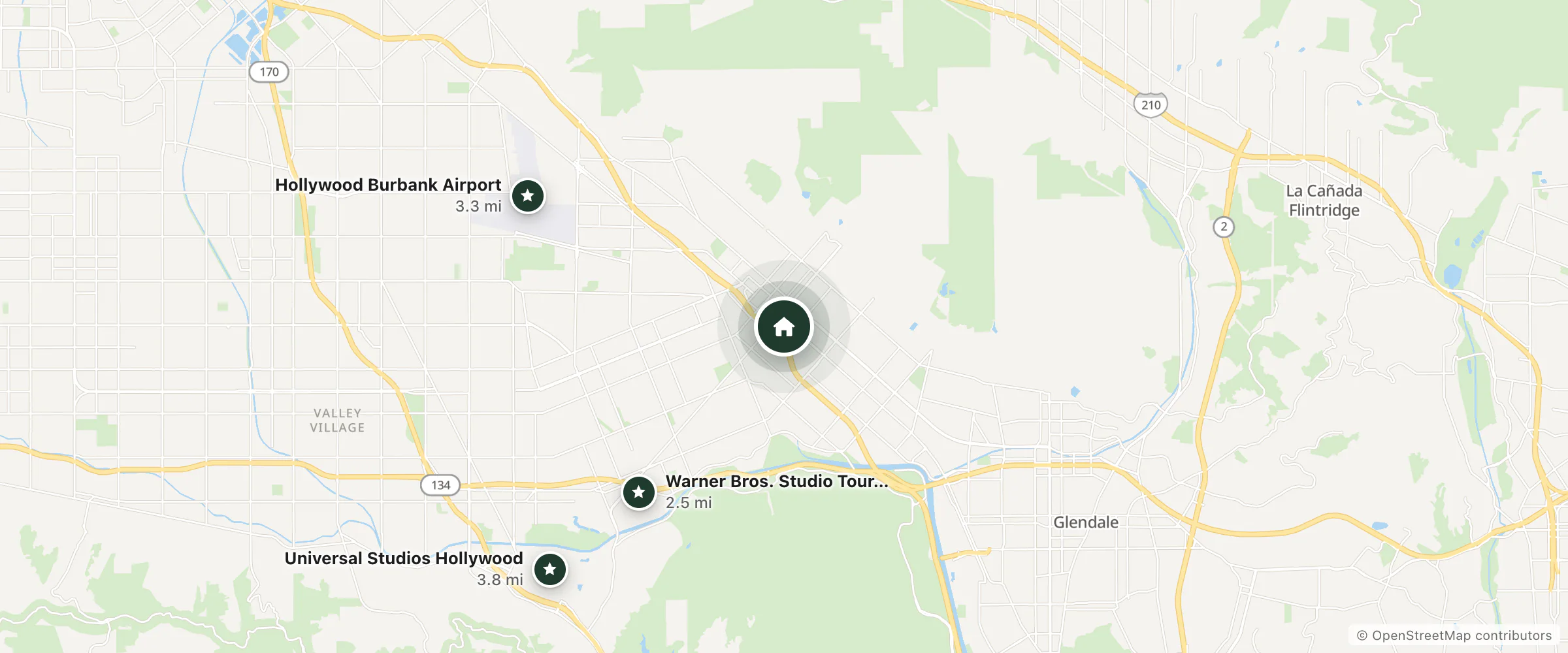 Map of OSO and nearby Warner Bros. Studio Tour Hollywood, Hollywood Burbank Airport and Universal Studios Hollywood