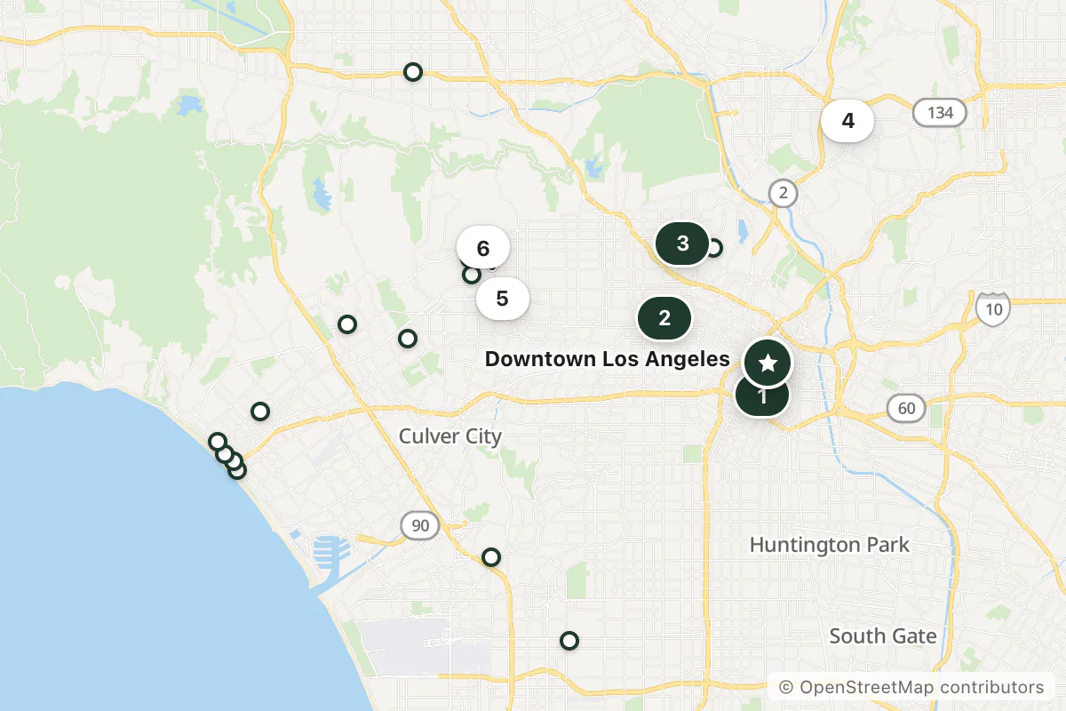 Map of the top 21 hotels for this question around Downtown Los Angeles