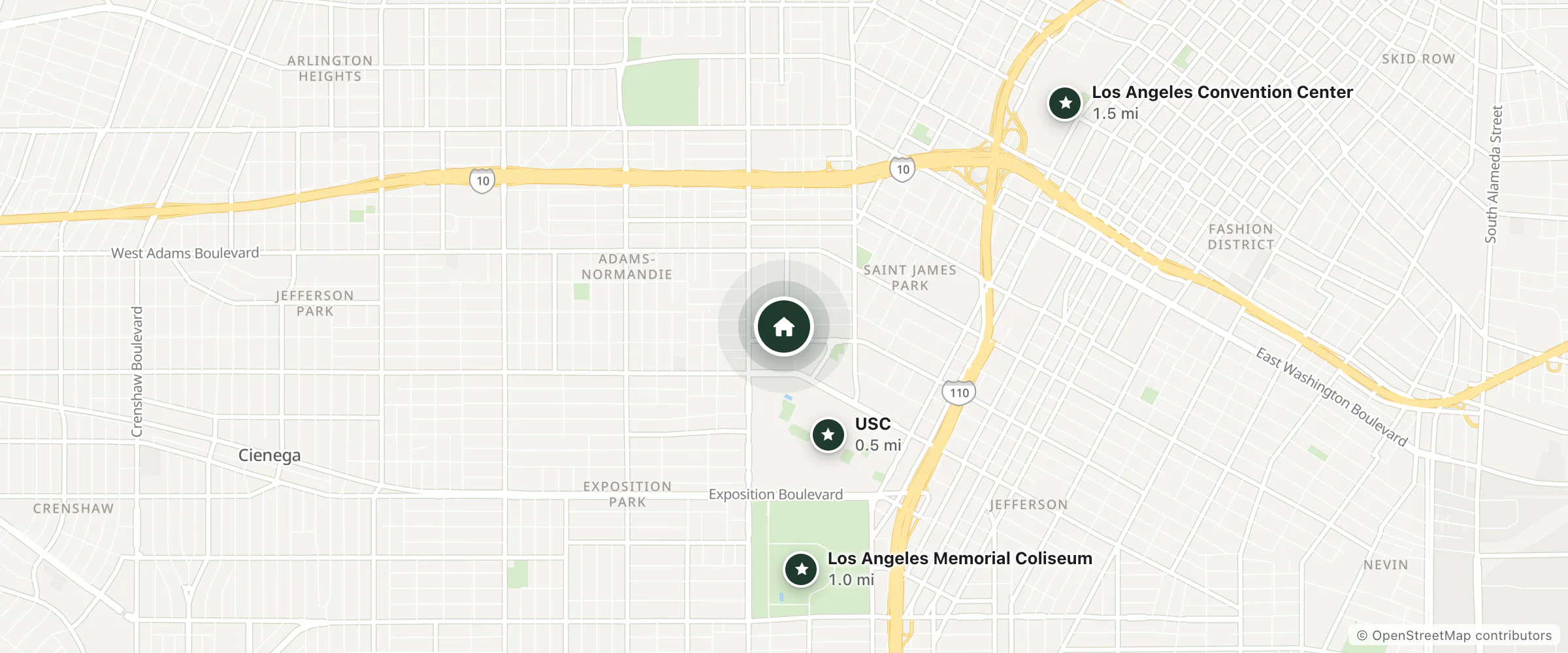 Map of Liu's Hostel and nearby USC, Los Angeles Memorial Coliseum and Los Angeles Convention Center
