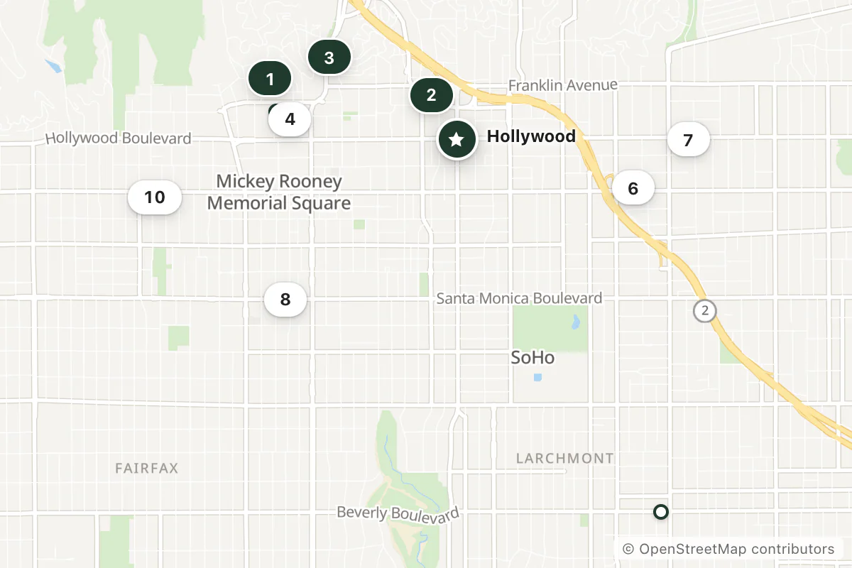 Map of the top 11 hotels for this question around Hollywood