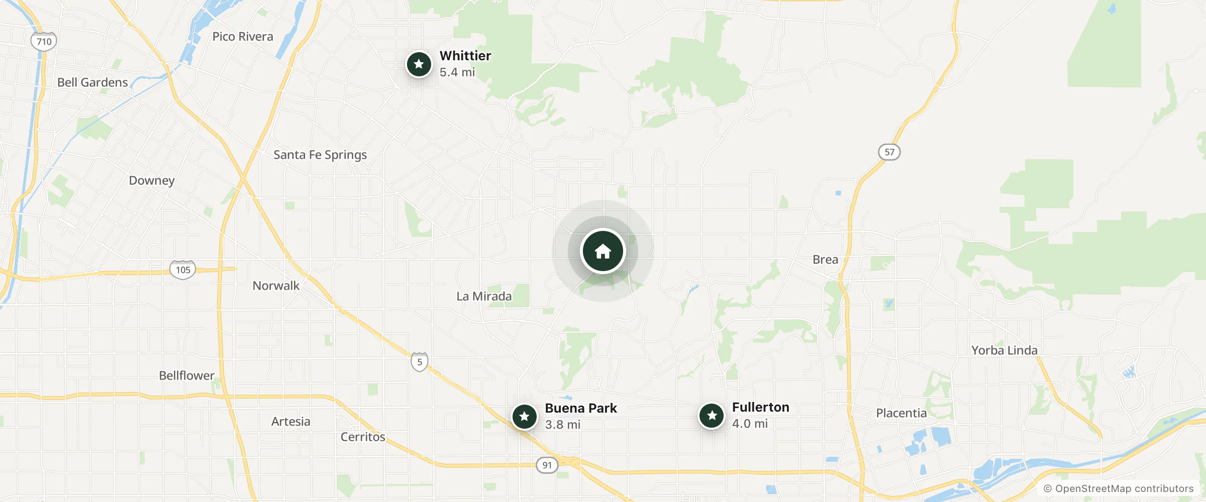 Map of Sunset Inn and nearby Buena Park, Fullerton and Whittier