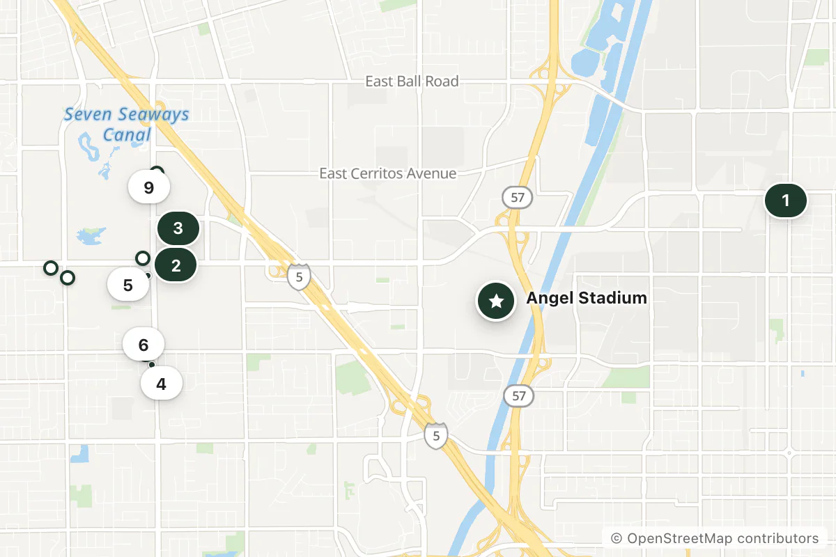 Map of the top 14 hotels for this question around Angel Stadium
