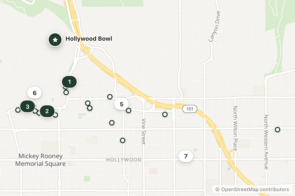 Map of the top 25 hotels for this question around Hollywood Bowl