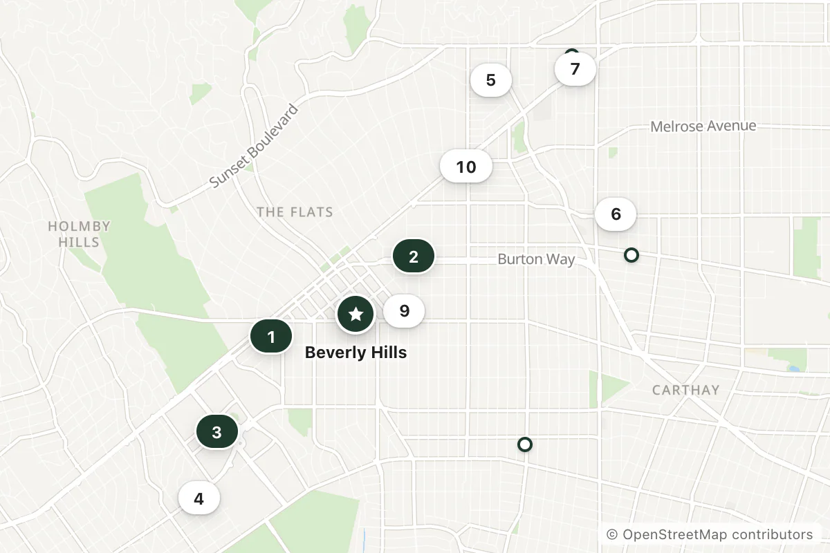Map of the top 12 hotels for this question around Beverly Hills