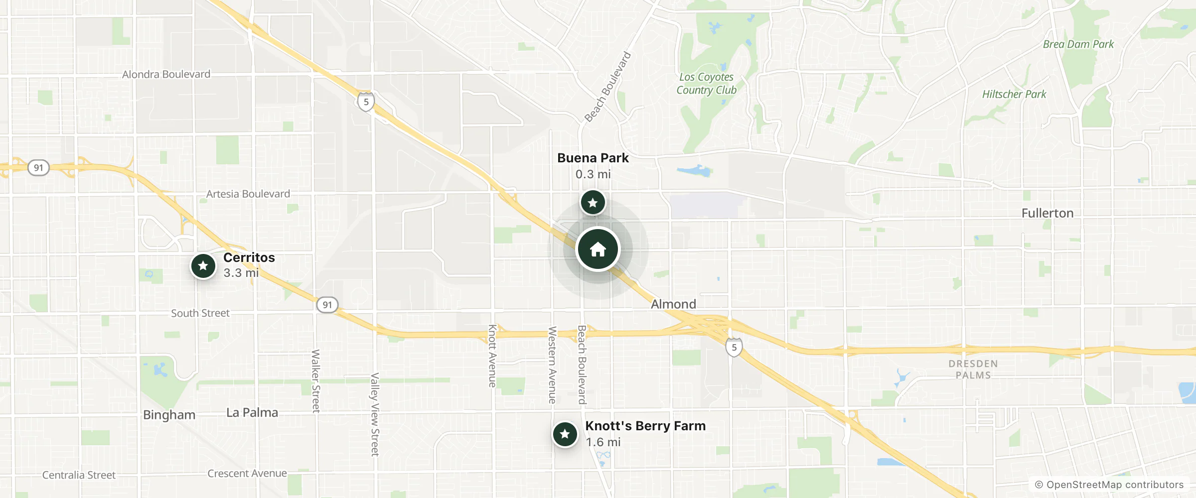Map of Coral Motel and nearby Buena Park, Knott's Berry Farm and Cerritos