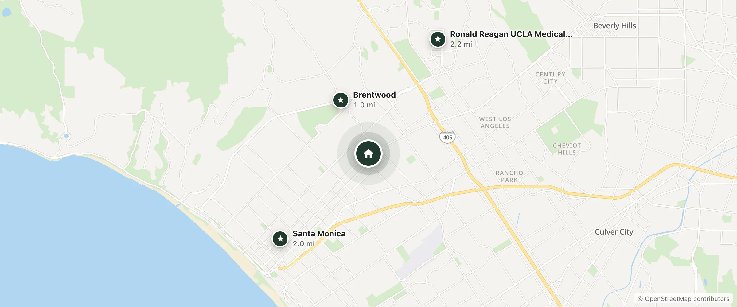 Map of FOUND Hotel Santa Monica and nearby Brentwood, Santa Monica and Ronald Reagan UCLA Medical Center