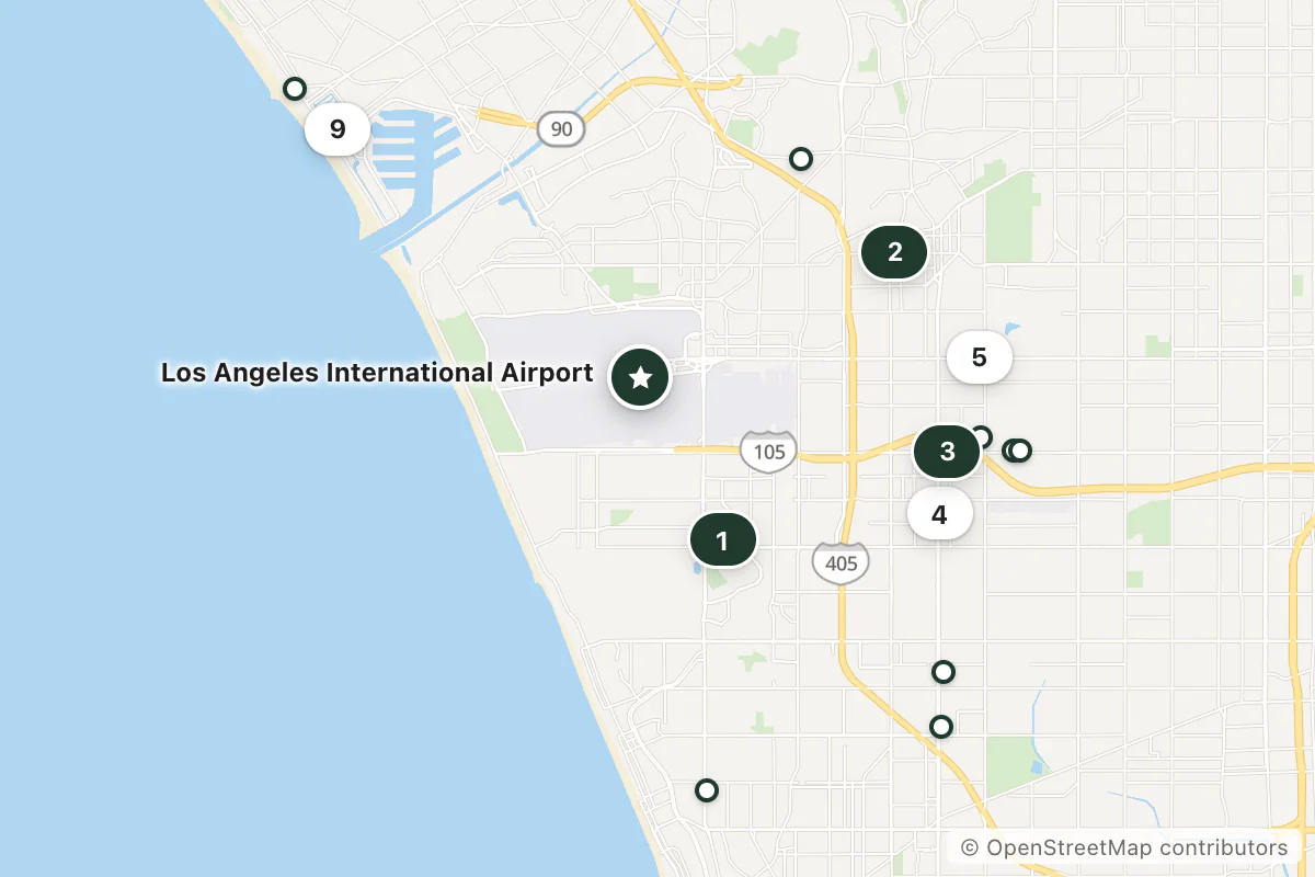 Map of the top 15 hotels for this question around Los Angeles International Airport