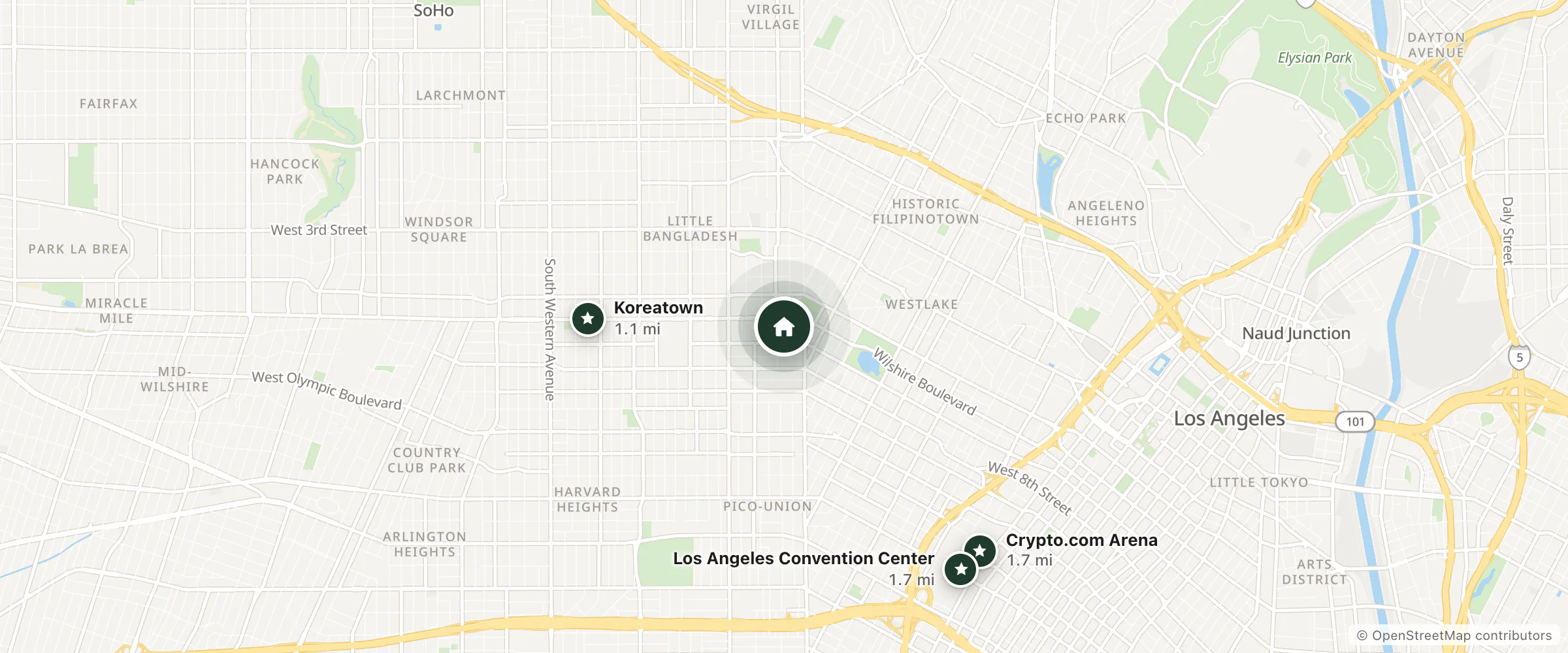 Map of The Kodo and nearby Koreatown, Crypto.com Arena and Los Angeles Convention Center