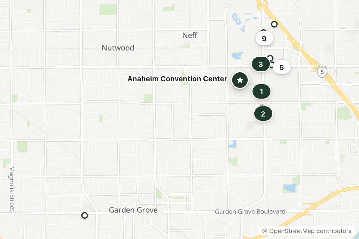Map of the top 14 hotels for this question around Anaheim Convention Center