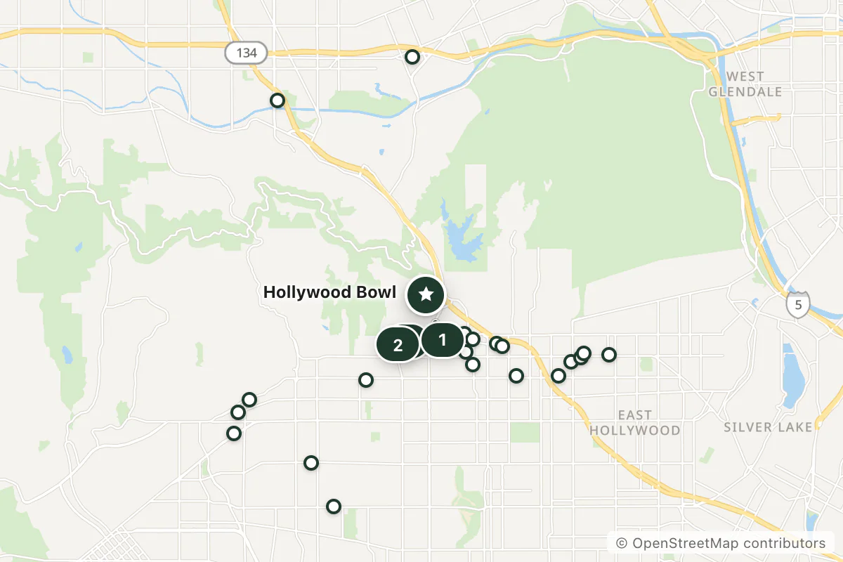 Map of the top 25 hotels for this question around Hollywood Bowl