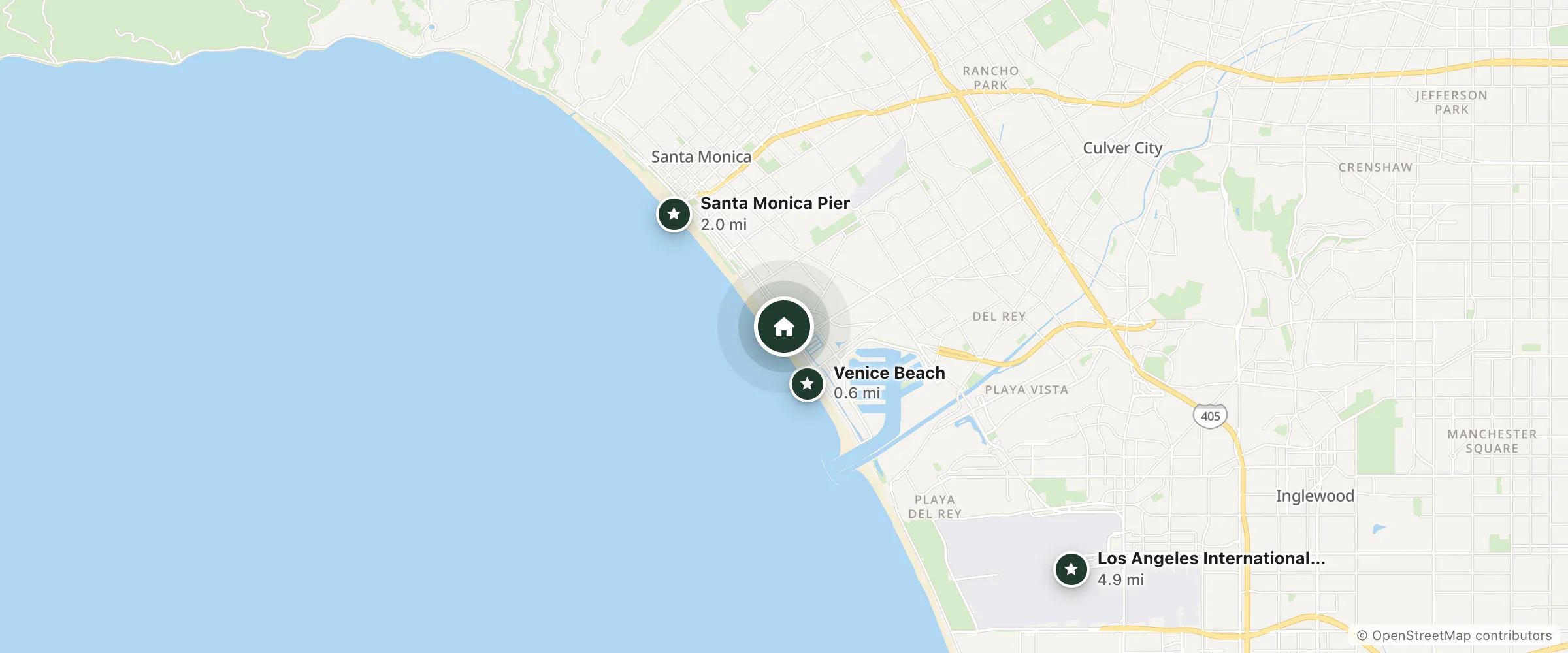 Map of Venice Beach Hostel and nearby Venice Beach, Santa Monica Pier and Los Angeles International Airport