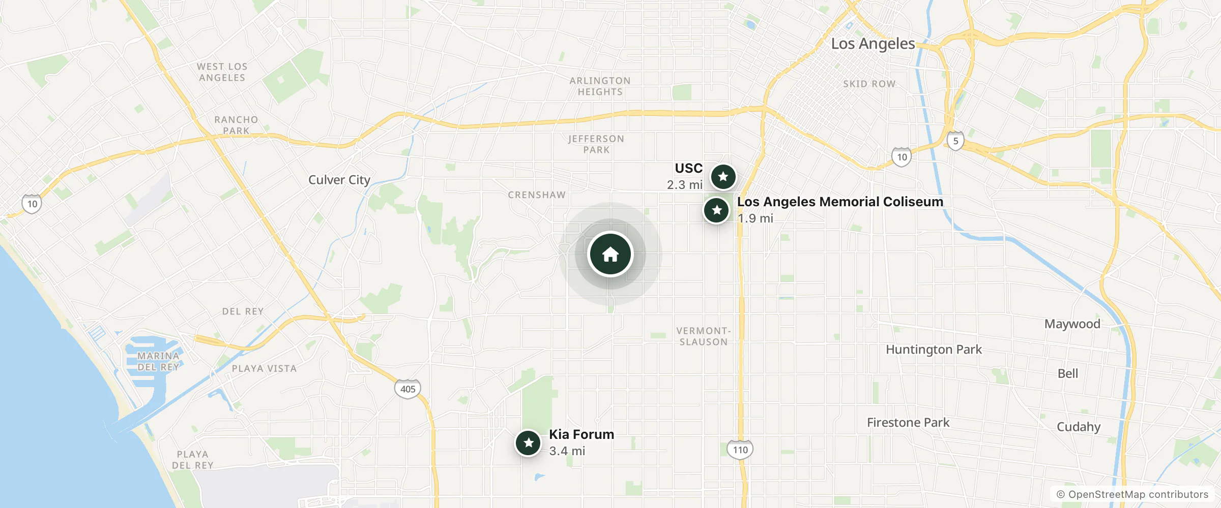 Map of Stallion Motel and nearby Los Angeles Memorial Coliseum, USC and Kia Forum