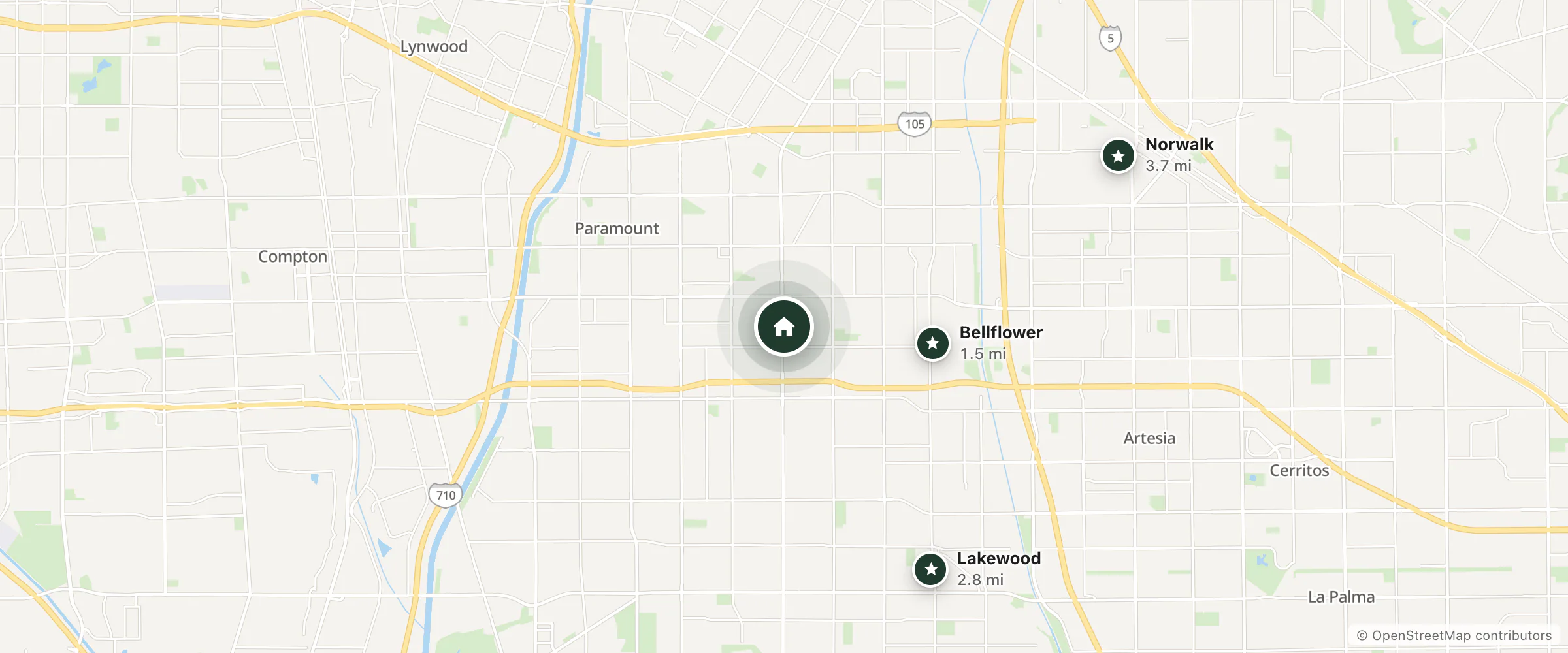Map of Bellflower Travel Inn and nearby Bellflower, Lakewood and Norwalk