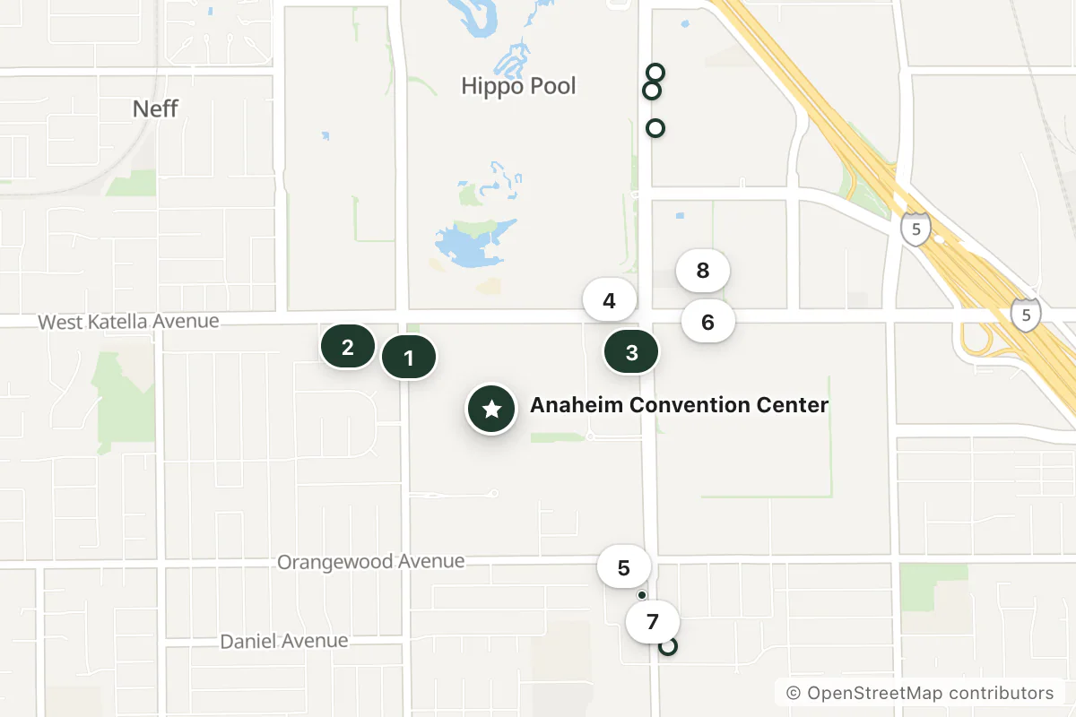 Map of the top 13 hotels for this question around Anaheim Convention Center