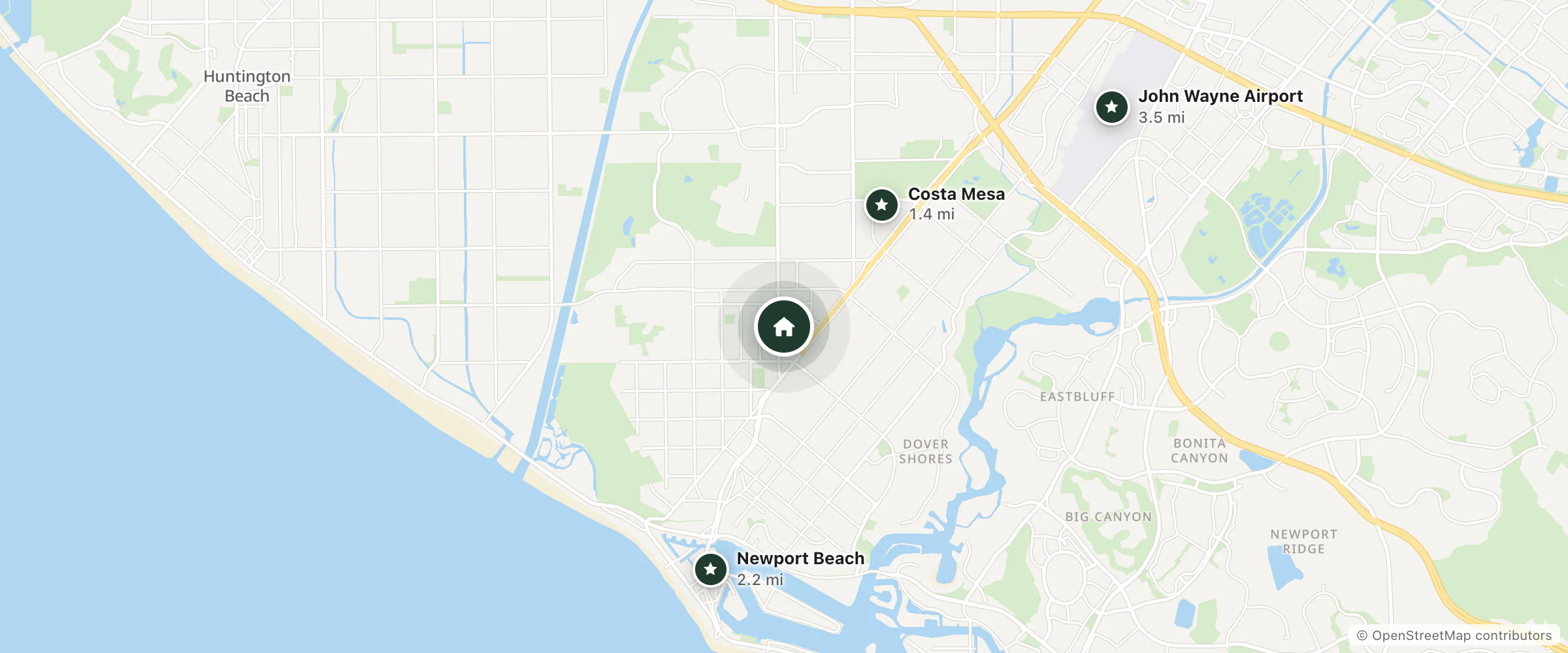 Map of Harbor Bay Inn and nearby Costa Mesa, Newport Beach and John Wayne Airport