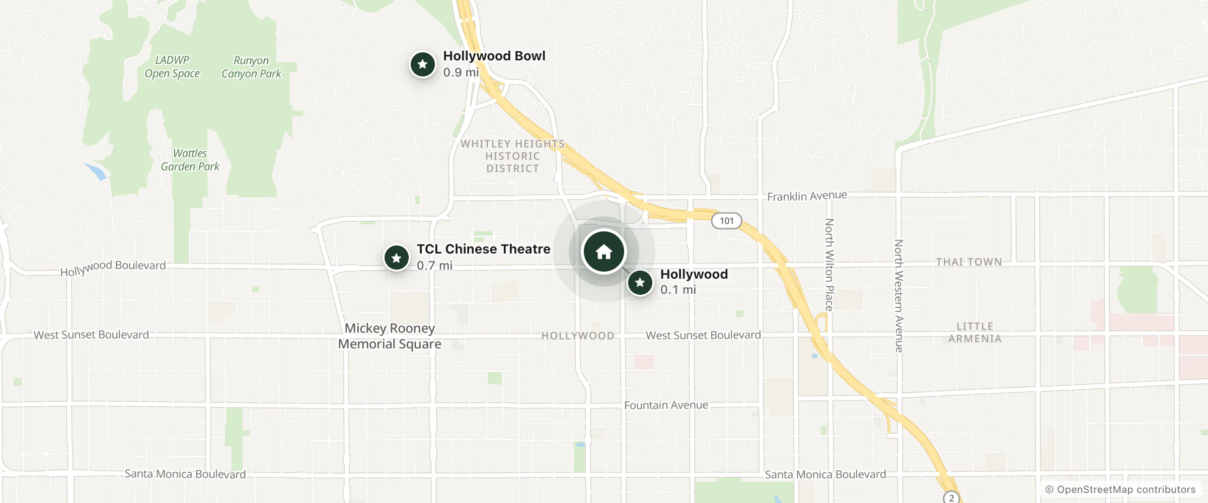 Map of Knickerbocker Hotel and nearby Hollywood, TCL Chinese Theatre and Hollywood Bowl