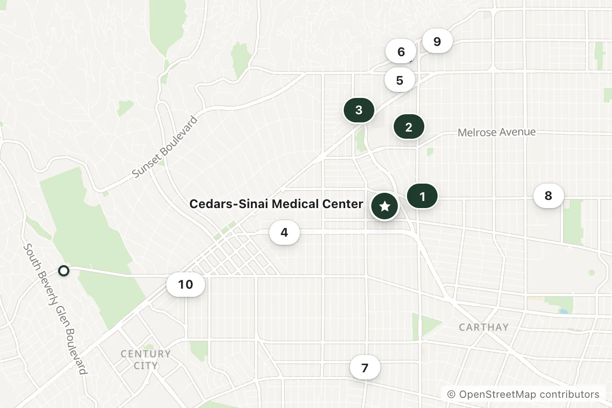 Map of the top 11 hotels for this question around Cedars-Sinai Medical Center