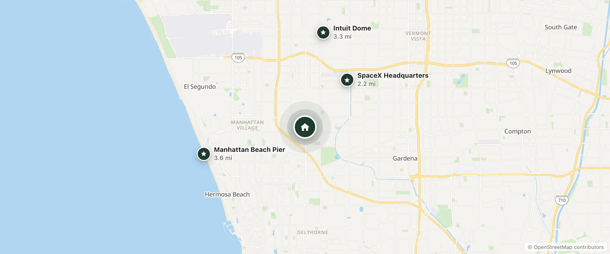 Map of Budget Inn and nearby SpaceX Headquarters, Intuit Dome and Manhattan Beach Pier
