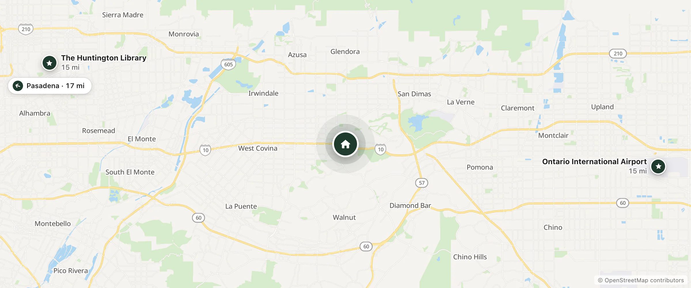Map of Embassy Suites by Hilton Los AngelesCovina and nearby The Huntington Library, Ontario International Airport and Pasadena