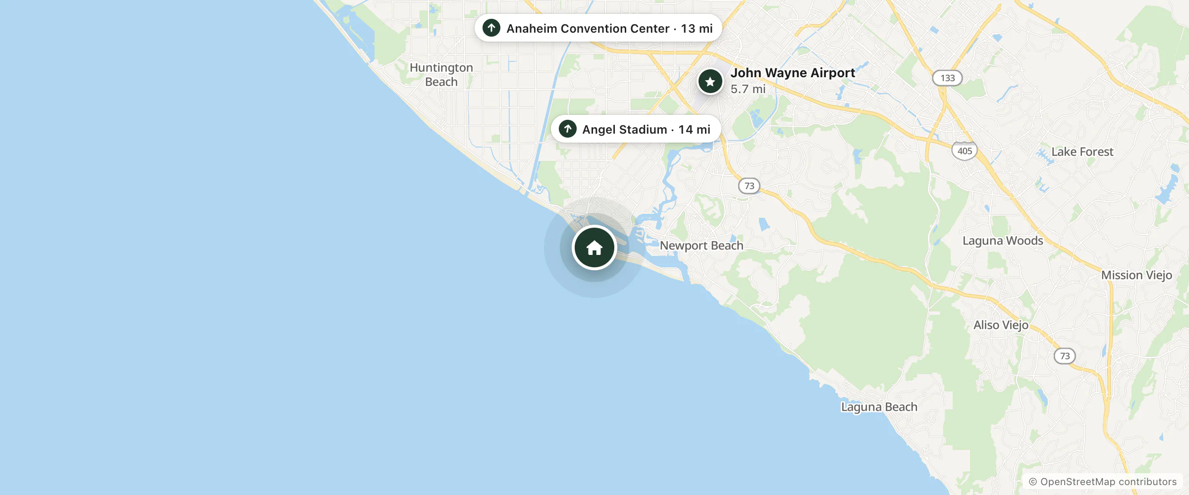 Map of Bay Shores Peninsula Hotel and nearby John Wayne Airport, Anaheim Convention Center and Angel Stadium