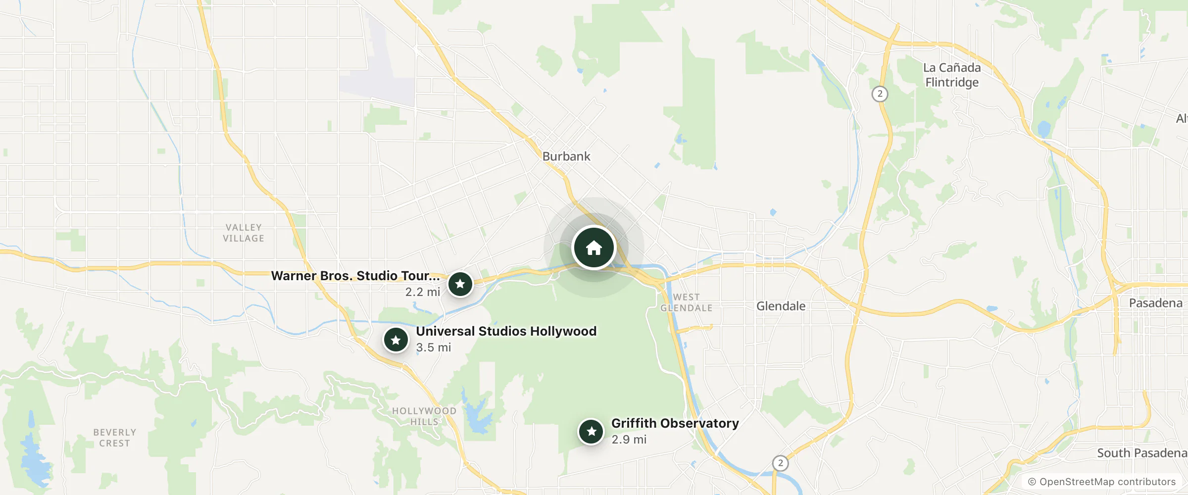 Map of Griffith Park Motel and nearby Warner Bros. Studio Tour Hollywood, Griffith Observatory and Universal Studios Hollywood