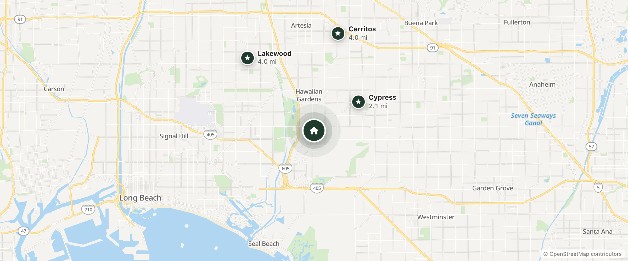 Map of Fairfield and nearby Cypress, Lakewood and Cerritos