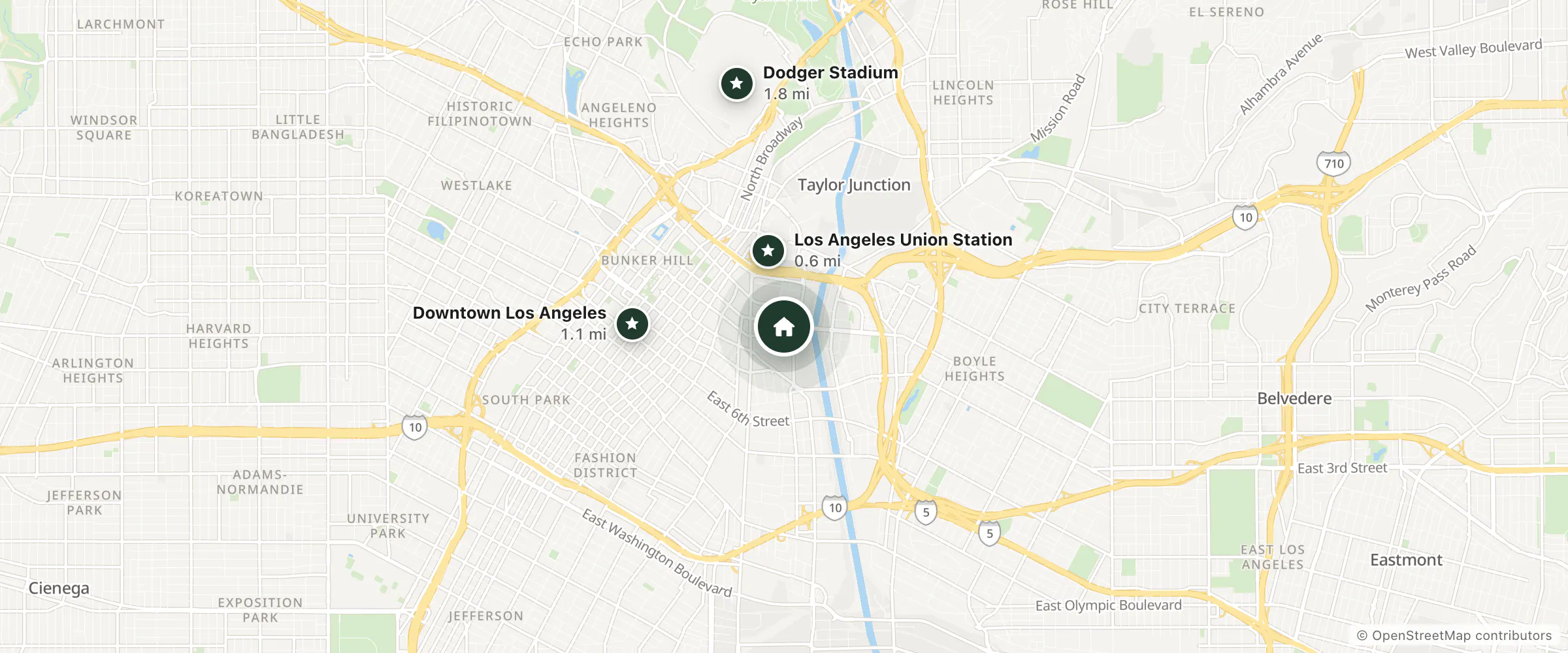Map of PodShare DTLA and nearby Los Angeles Union Station, Downtown Los Angeles and Dodger Stadium