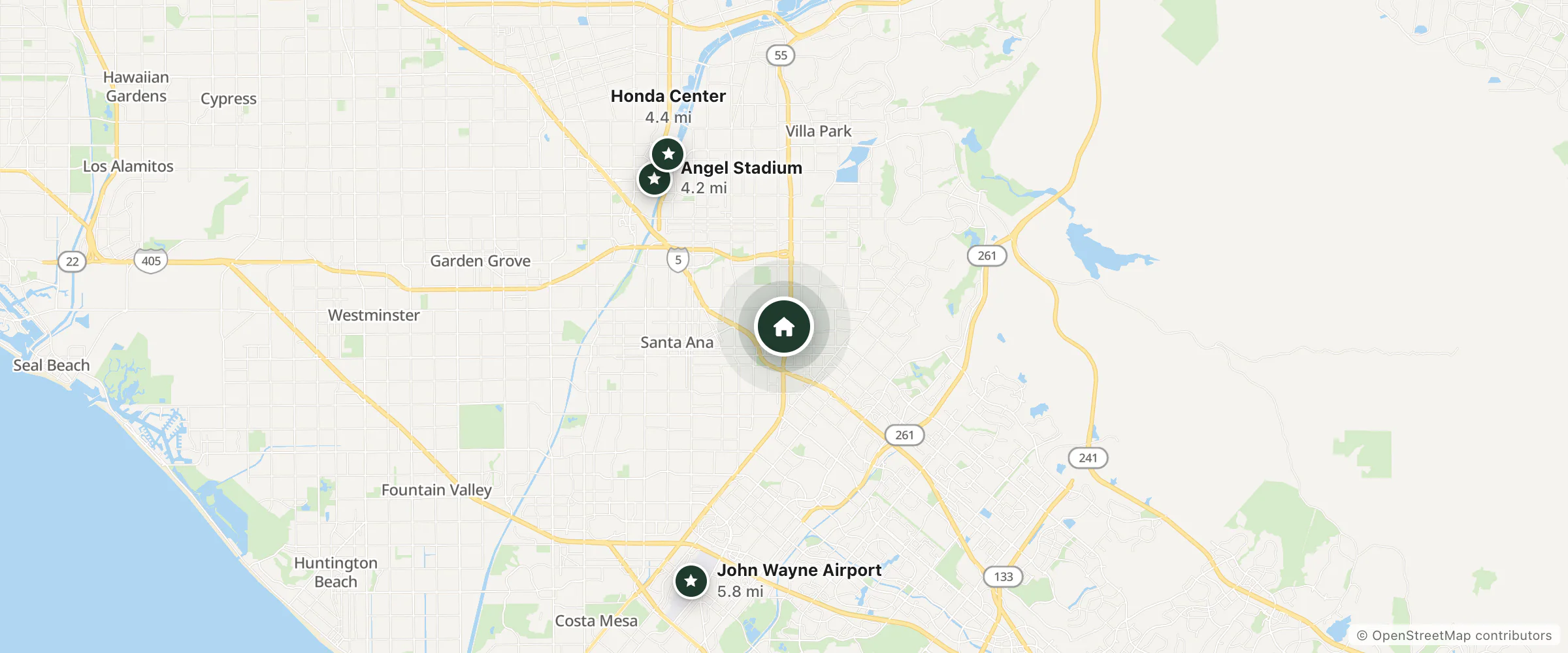 Map of Double Tree Hotel and nearby Angel Stadium, Honda Center and John Wayne Airport