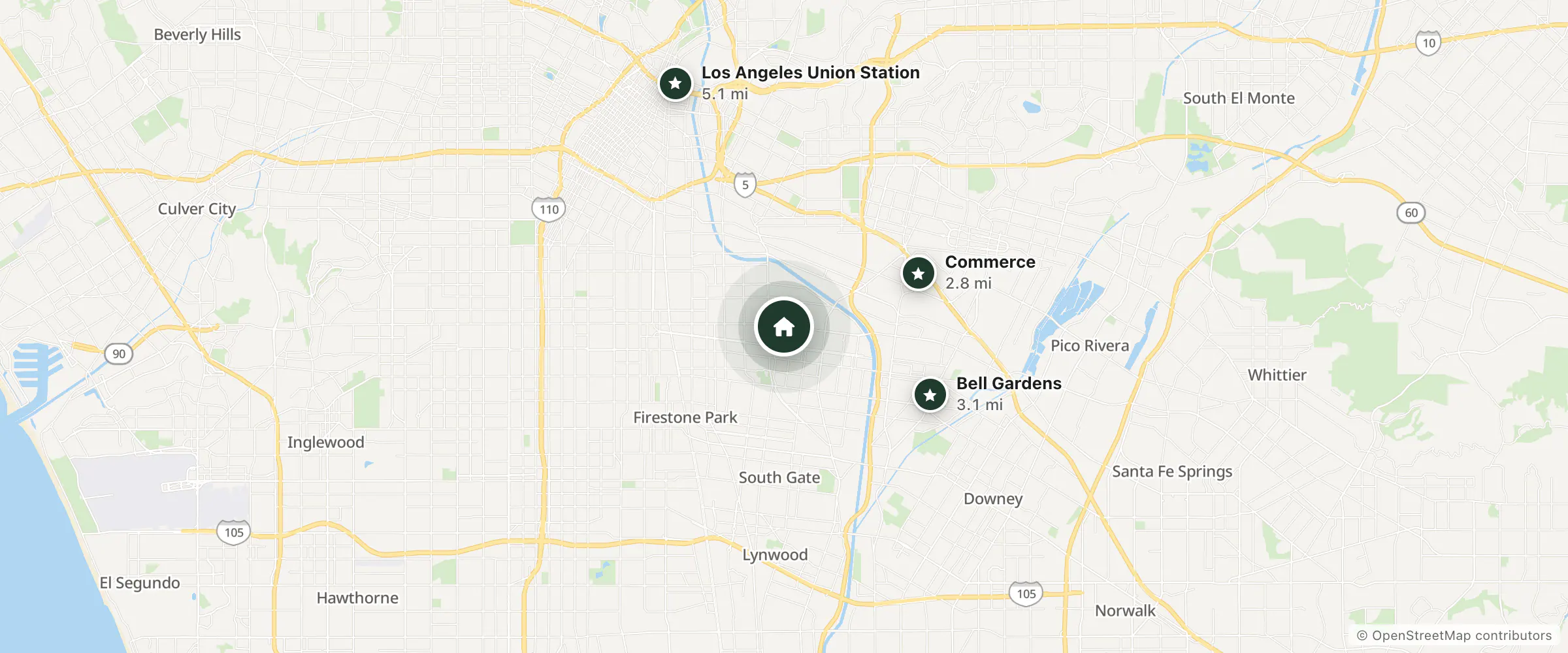 Map of Erth Inn by AGA - Maywood and nearby Commerce, Bell Gardens and Los Angeles Union Station