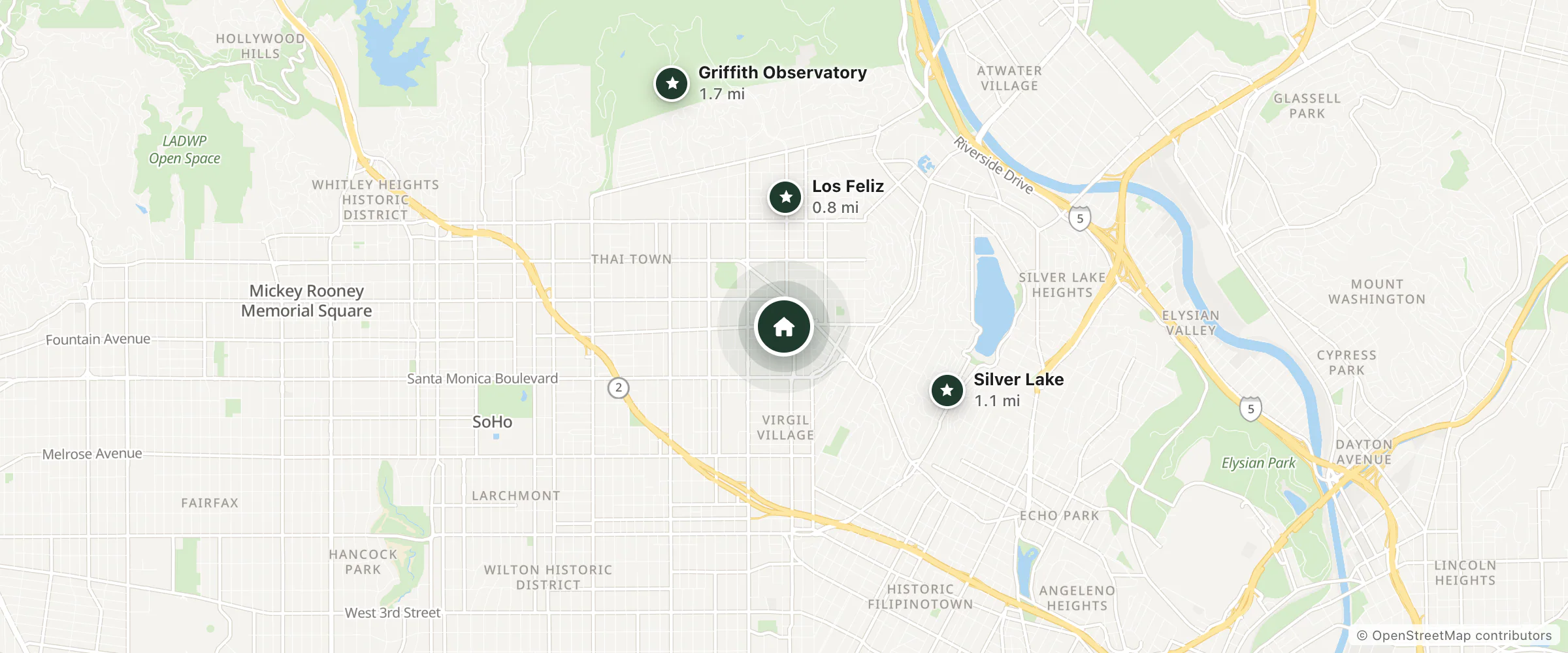 Map of PodShare Los Feliz and nearby Los Feliz, Silver Lake and Griffith Observatory