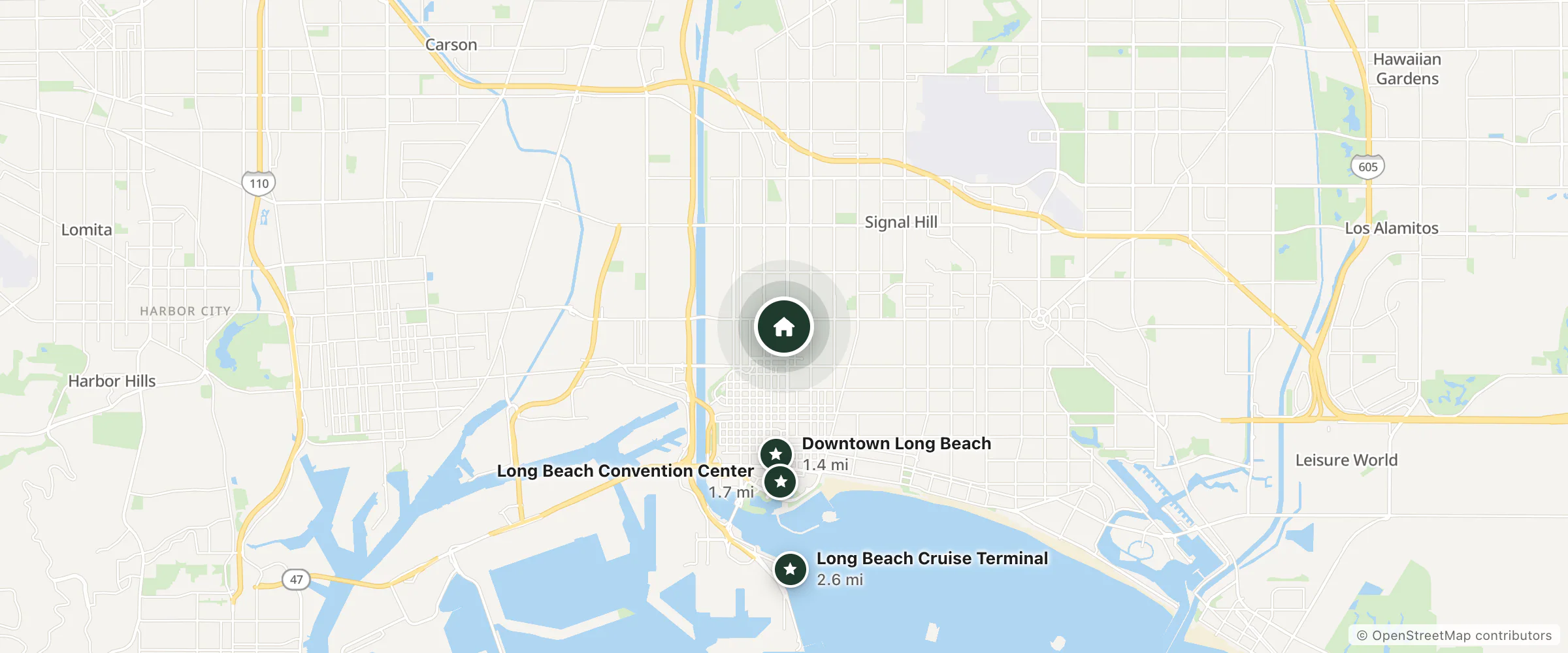 Map of Long Beach and nearby Downtown Long Beach, Long Beach Convention Center and Long Beach Cruise Terminal